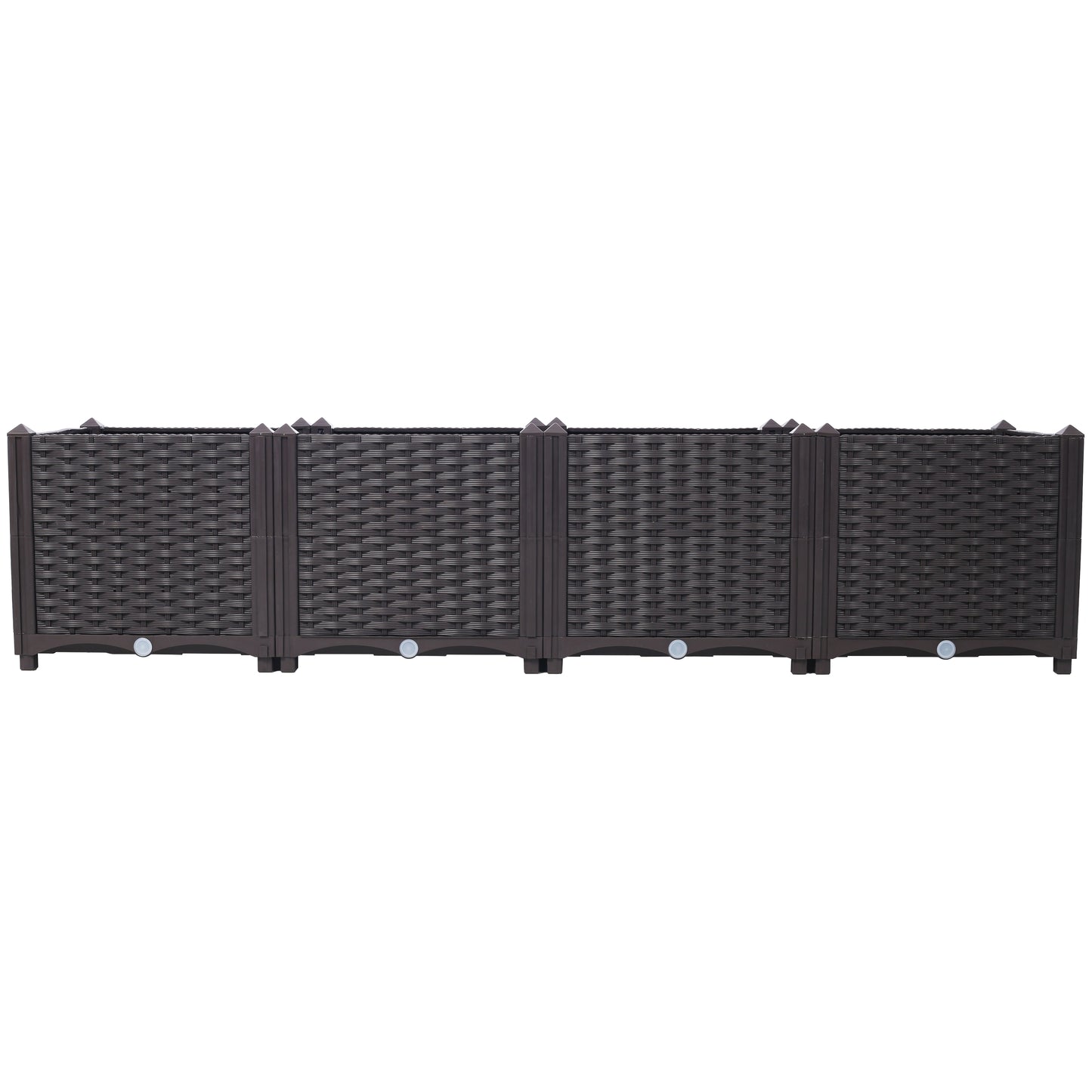Brown modular rattan garden planter sections with spiked corner caps for outdoor use
