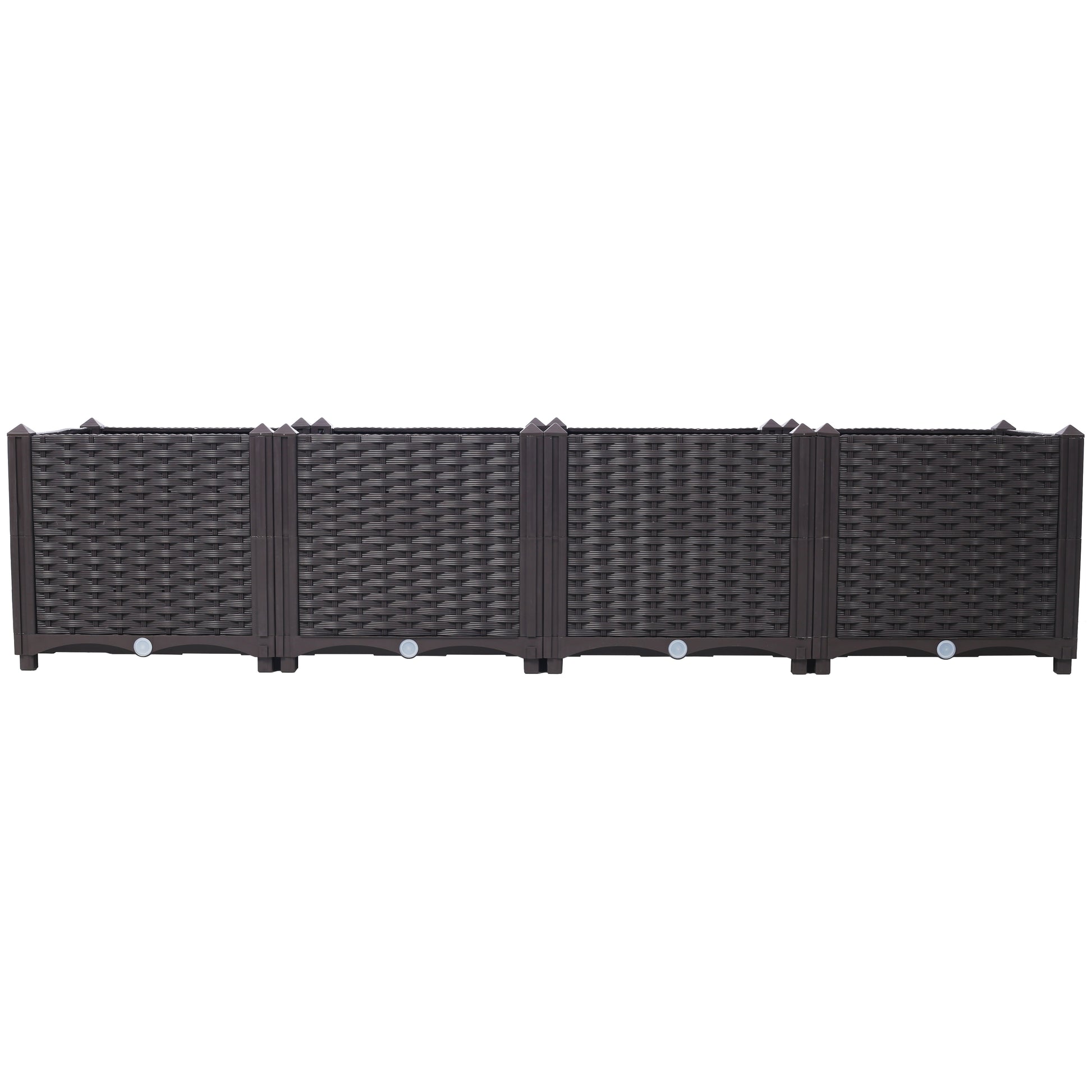 Brown modular rattan garden planter sections with spiked corner caps for outdoor use