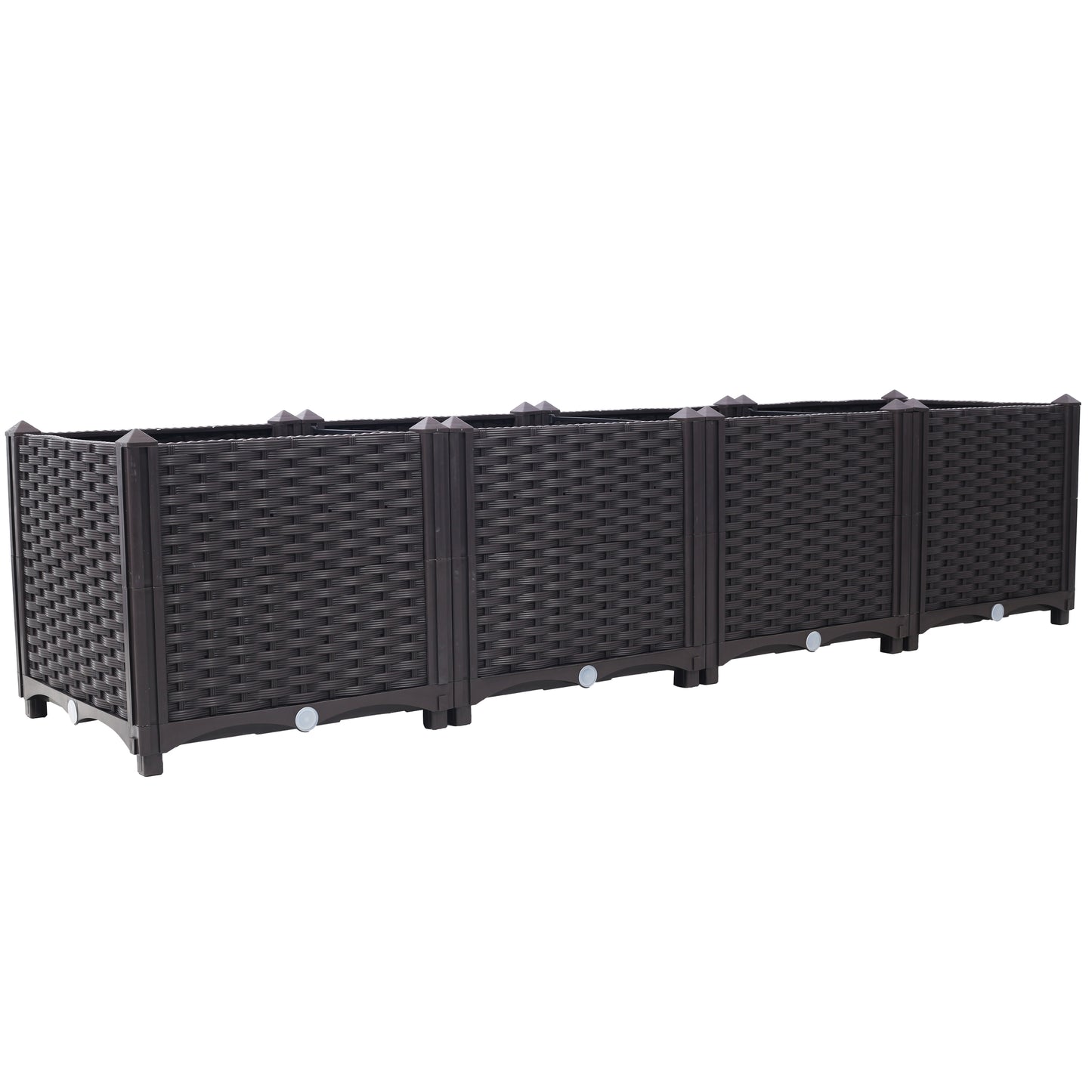 Dark brown woven resin planter box with corner posts and footed base