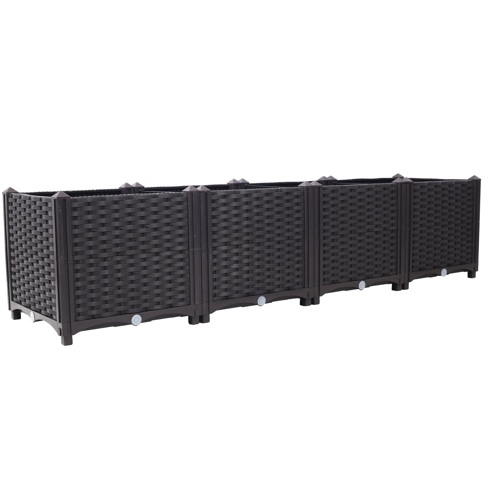 Dark brown woven resin planter box with corner posts and footed base