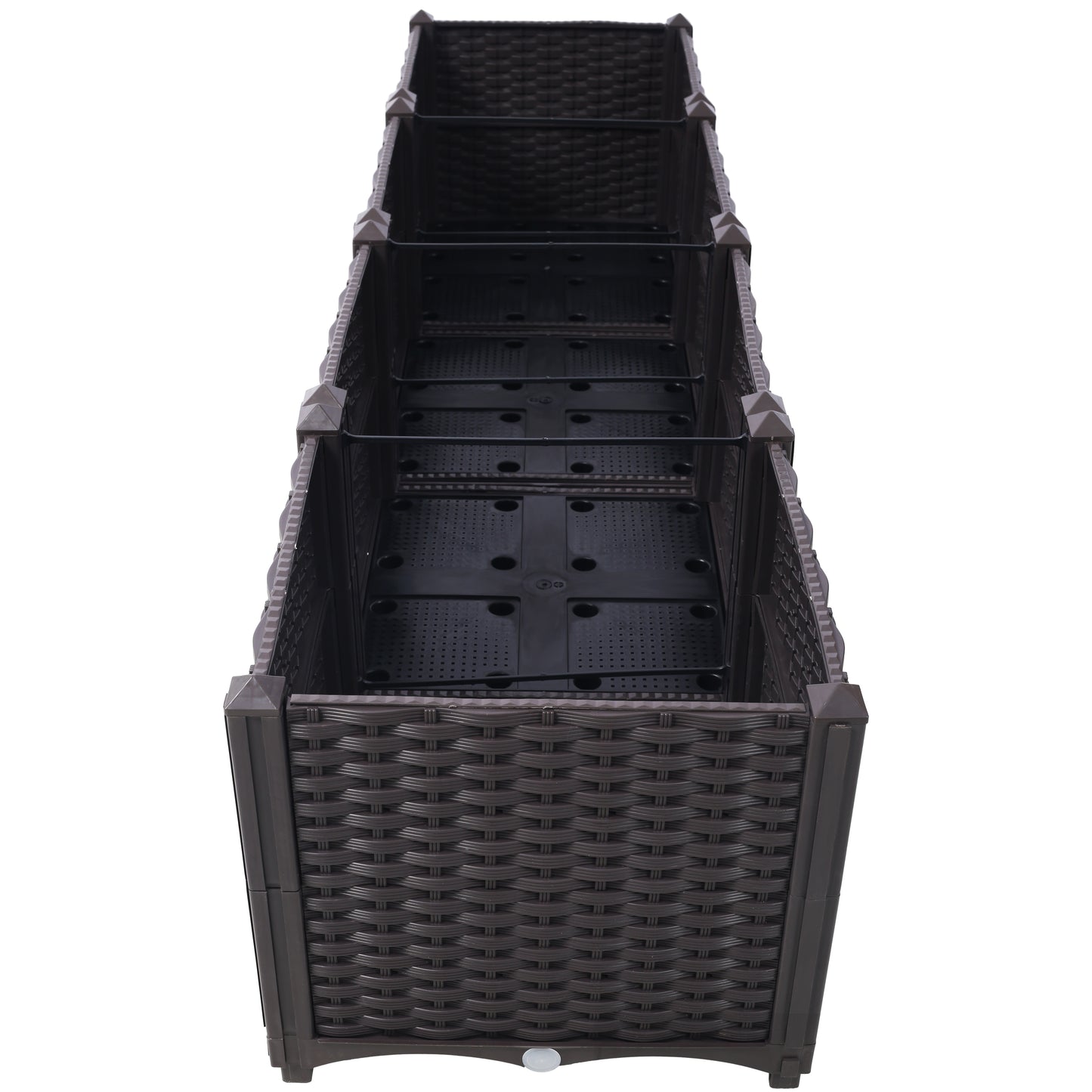 Dark brown rectangular rattan planter with drainage holes and metal support bars