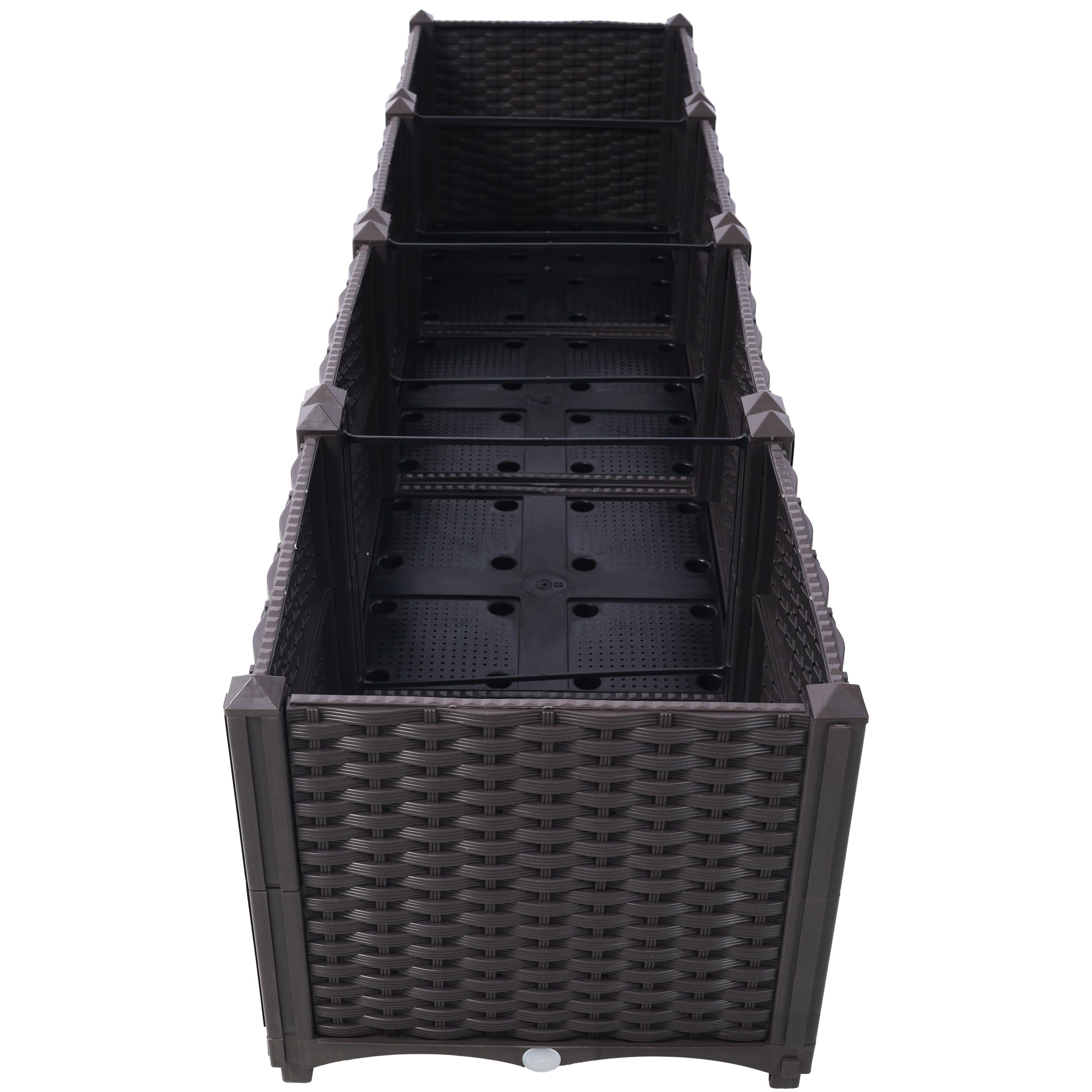 Dark brown rectangular rattan planter with drainage holes and metal support bars