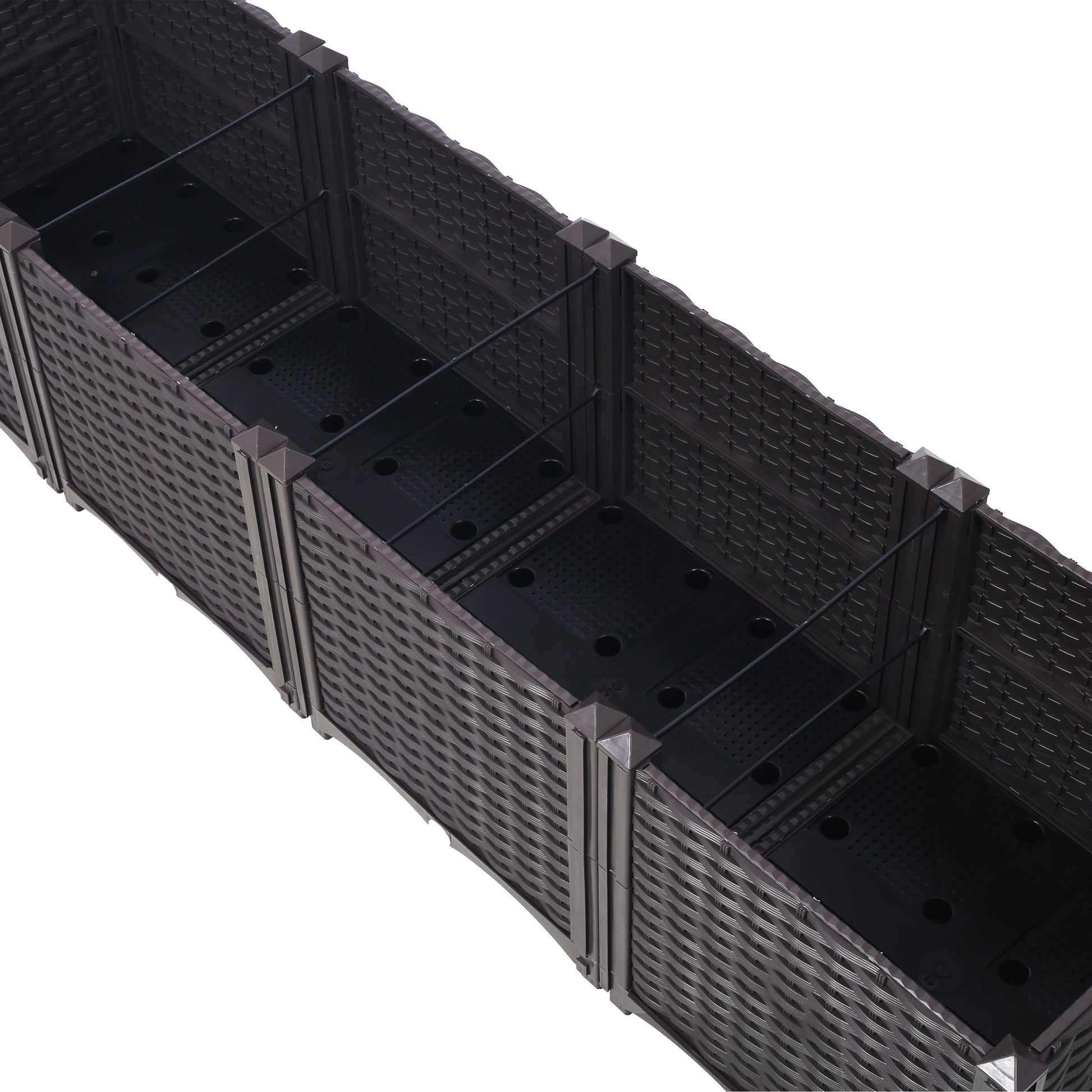 Dark brown rattanstyle plastic modular planter with internal dividers and drainage holes