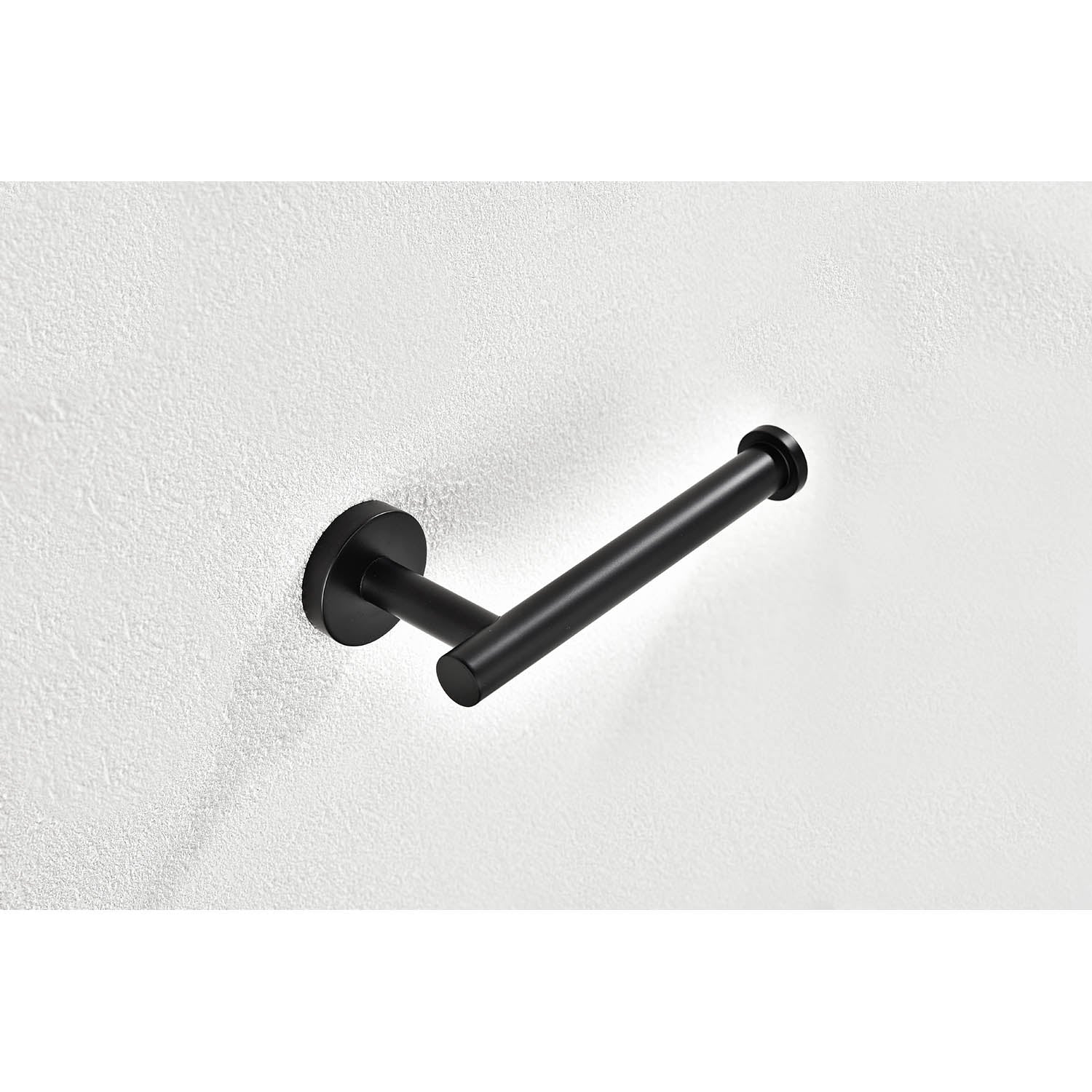 Modern black metal toilet paper holder mounted on a textured white wall