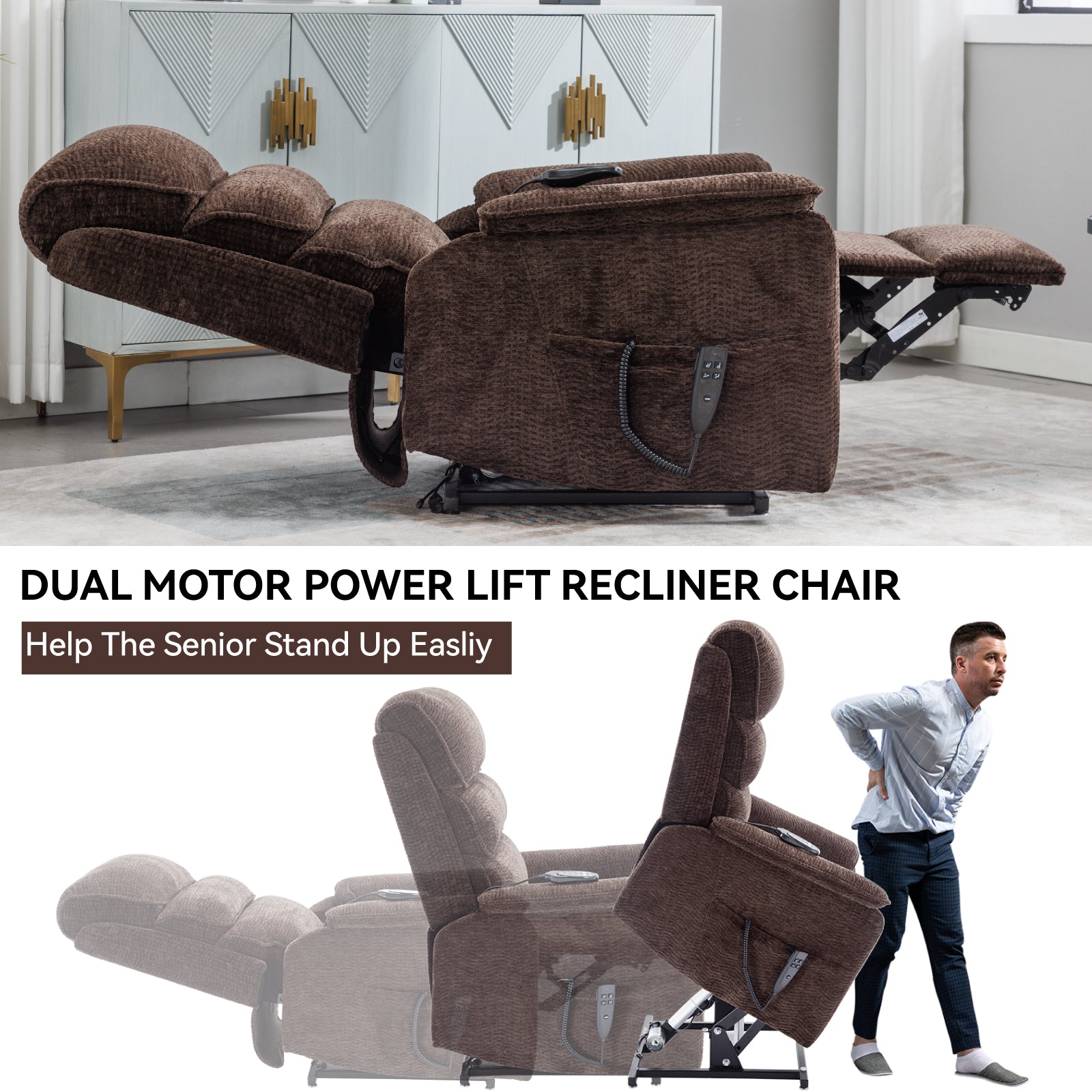Brown fabric power lift recliner chair in tilted position with remote control