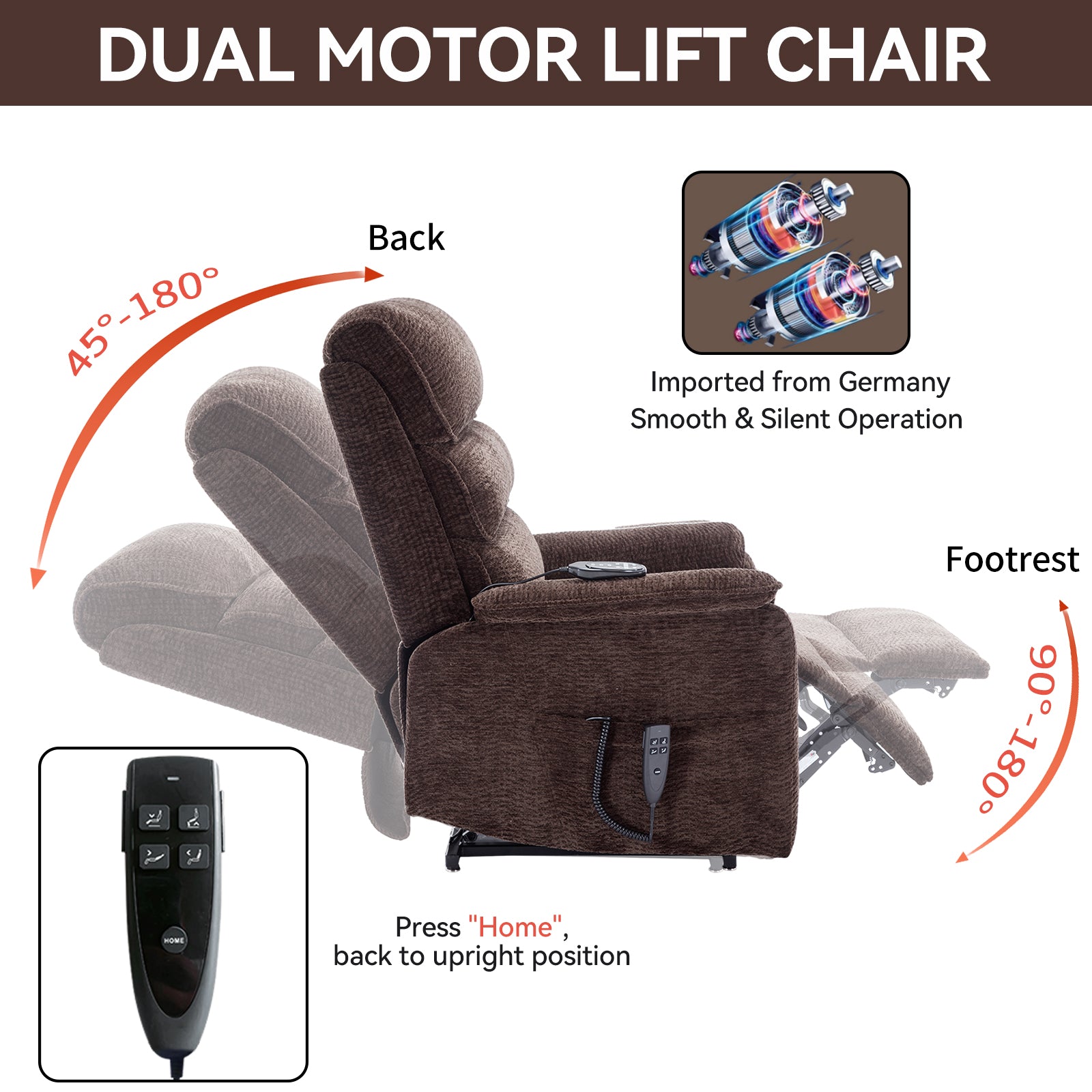Brown fabric dual motor lift chair with adjustable back and footrest positions