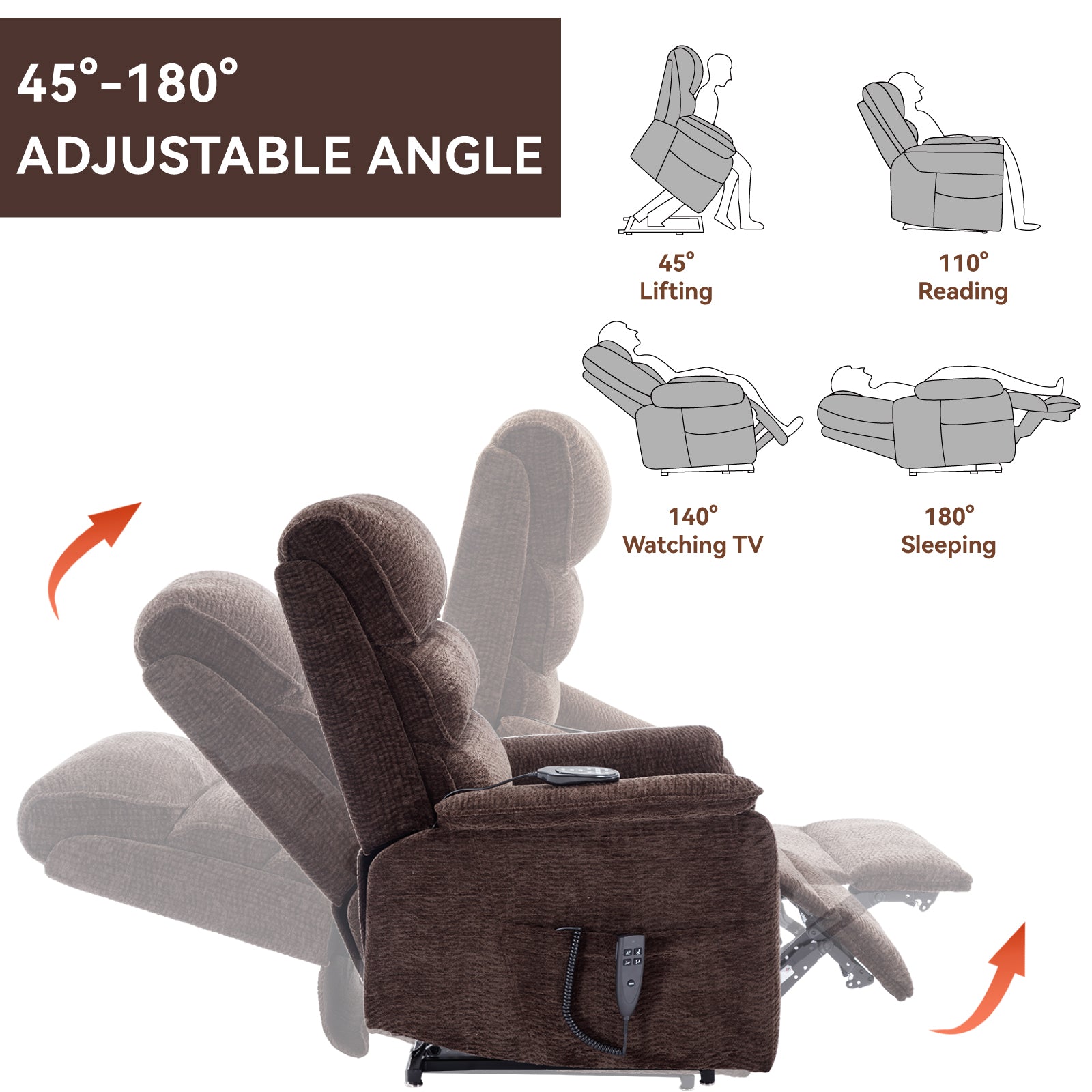 Brown fabric lift recliner chair showing  degree adjustable angle for various uses