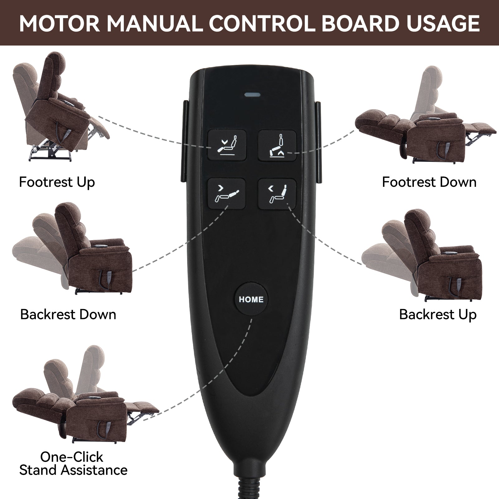 Black power recliner remote with icons for footrest up backrest down and stand assistance