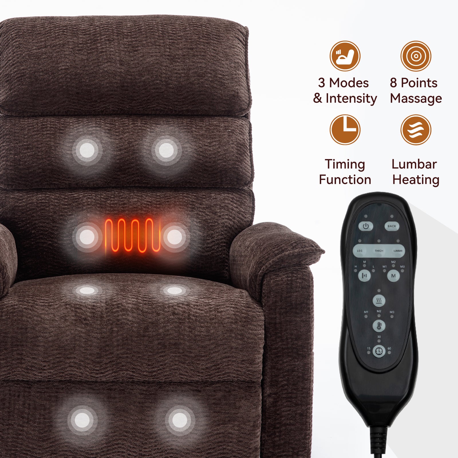 Brown fabric massage recliner with  massage points and lumbar heating function