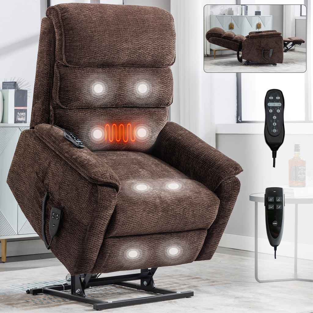 Brown fabric power lift recliner with massage and heat functions for seniors