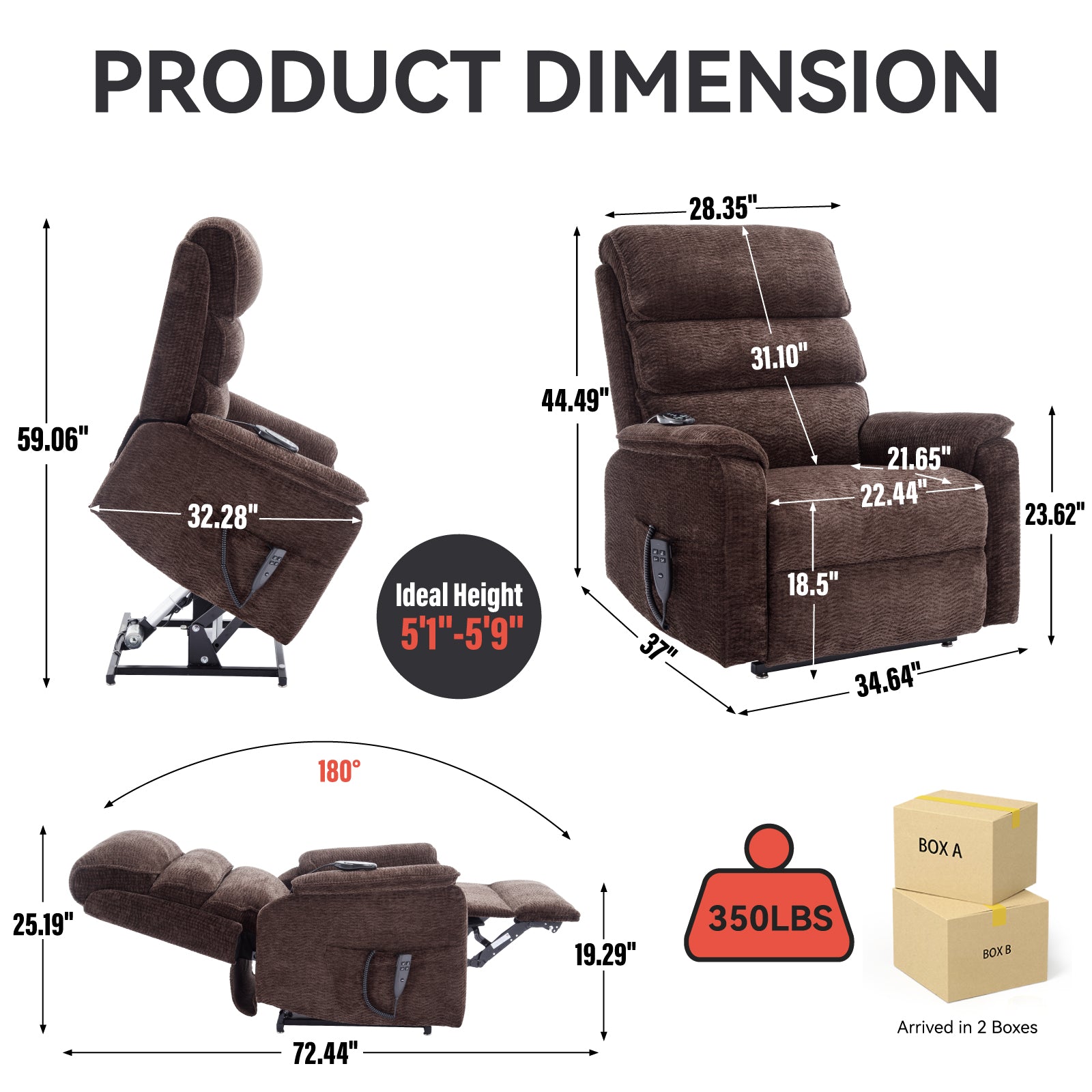 Brown fabric power lift recliner with detailed dimensions shown