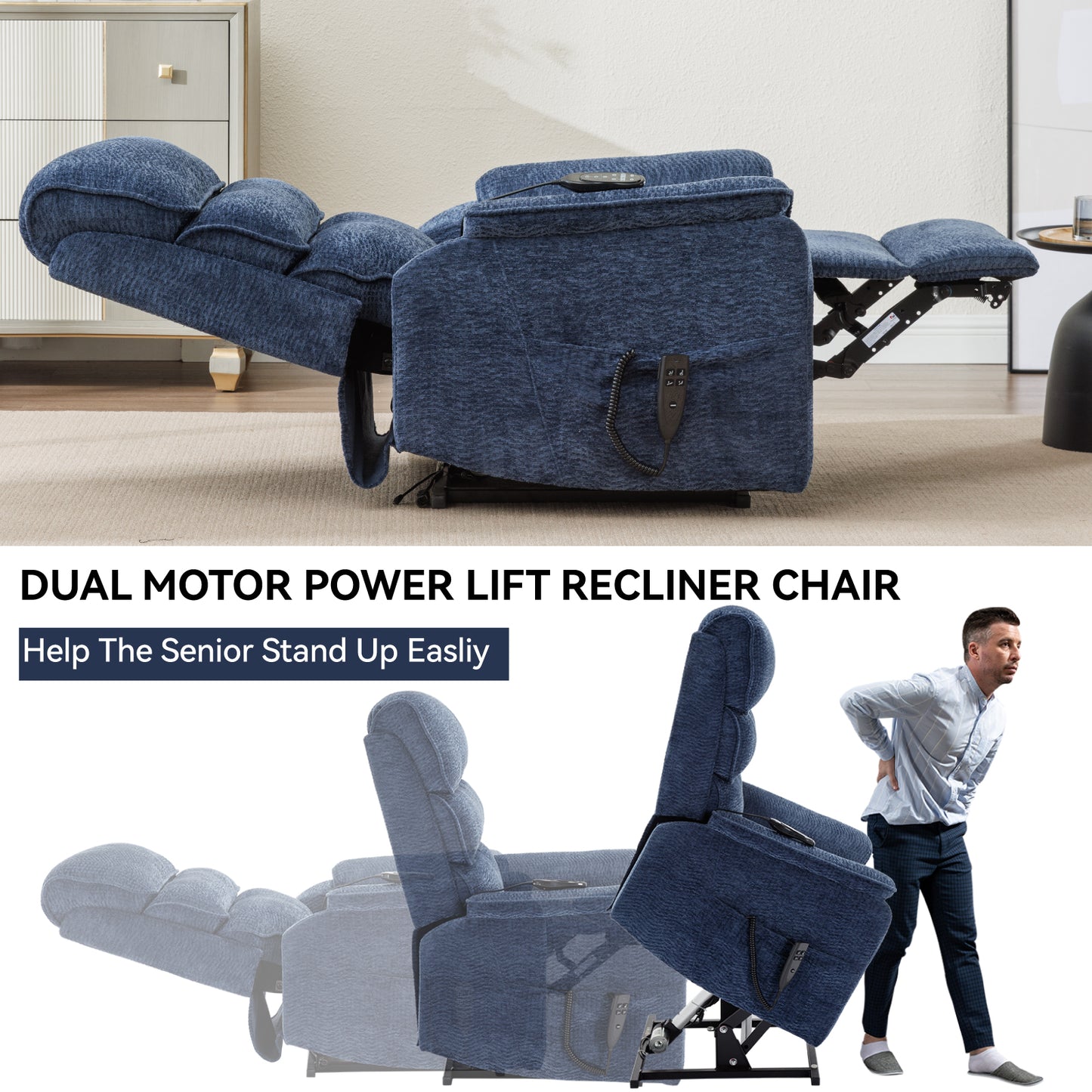 Navy blue dual motor power lift recliner chair with plush cushioning and side remote