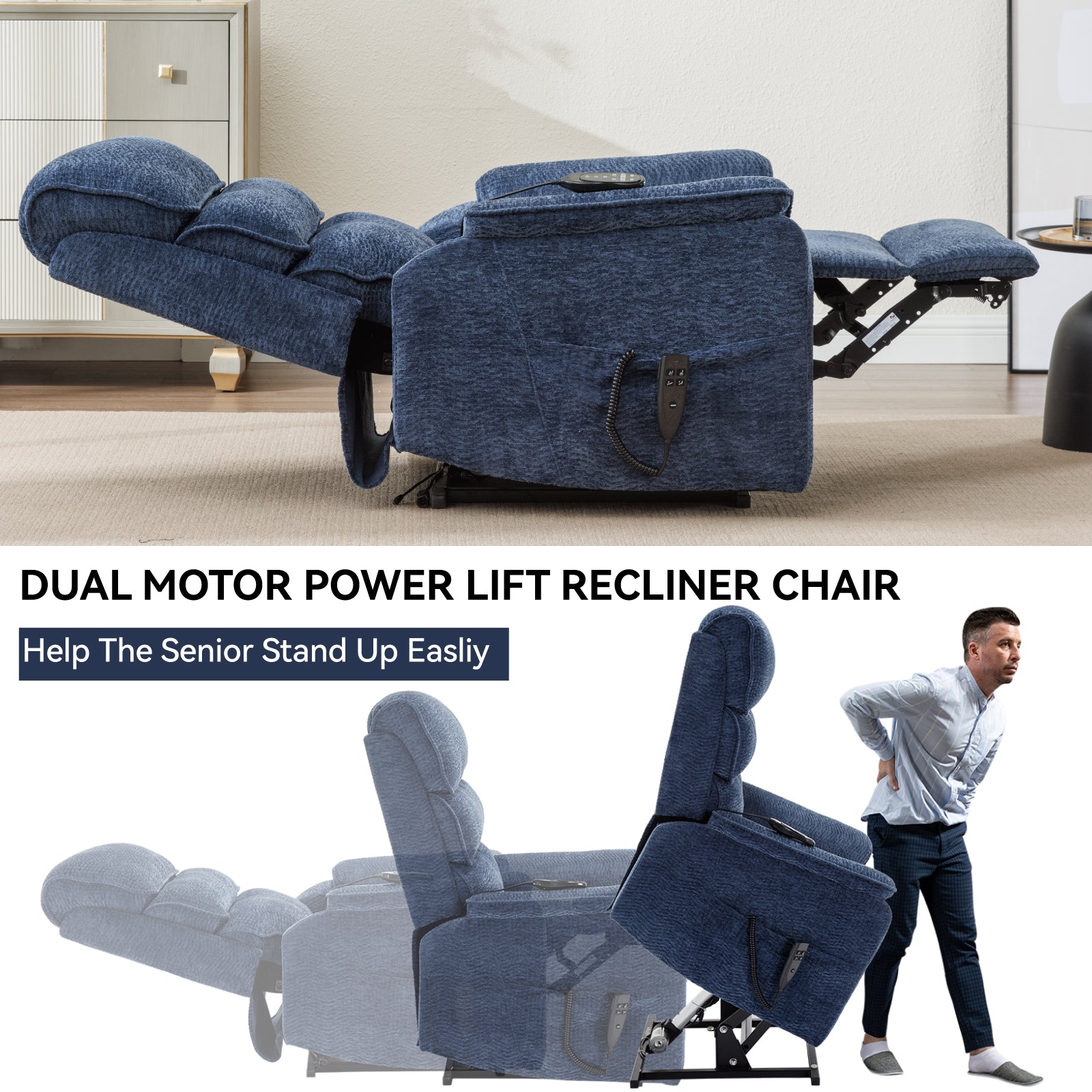 Navy blue dual motor power lift recliner chair with plush cushioning and side remote