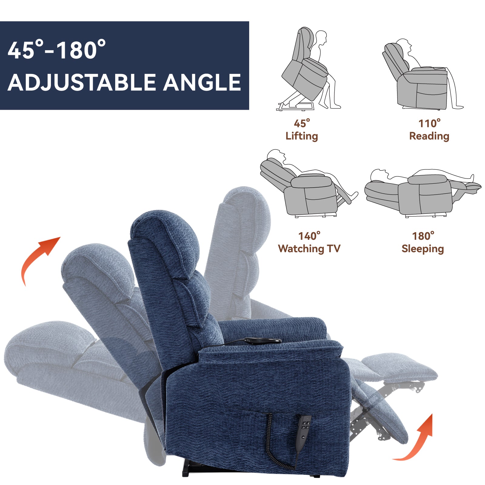 Blue fabric power lift recliner chair showing adjustable angles for multiple uses