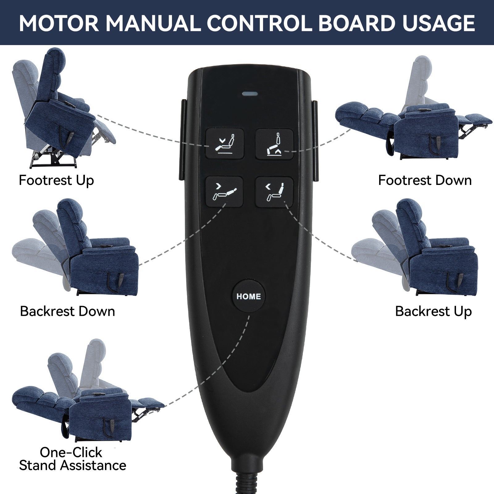 Black recliner remote control with footrest up button and blue recliner