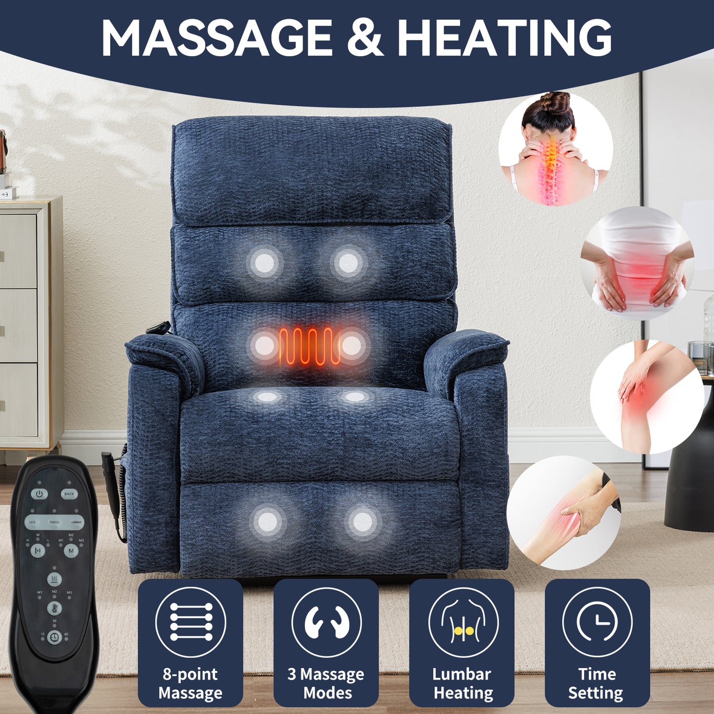 Navy recliner chair with point massage and lumbar heating functions