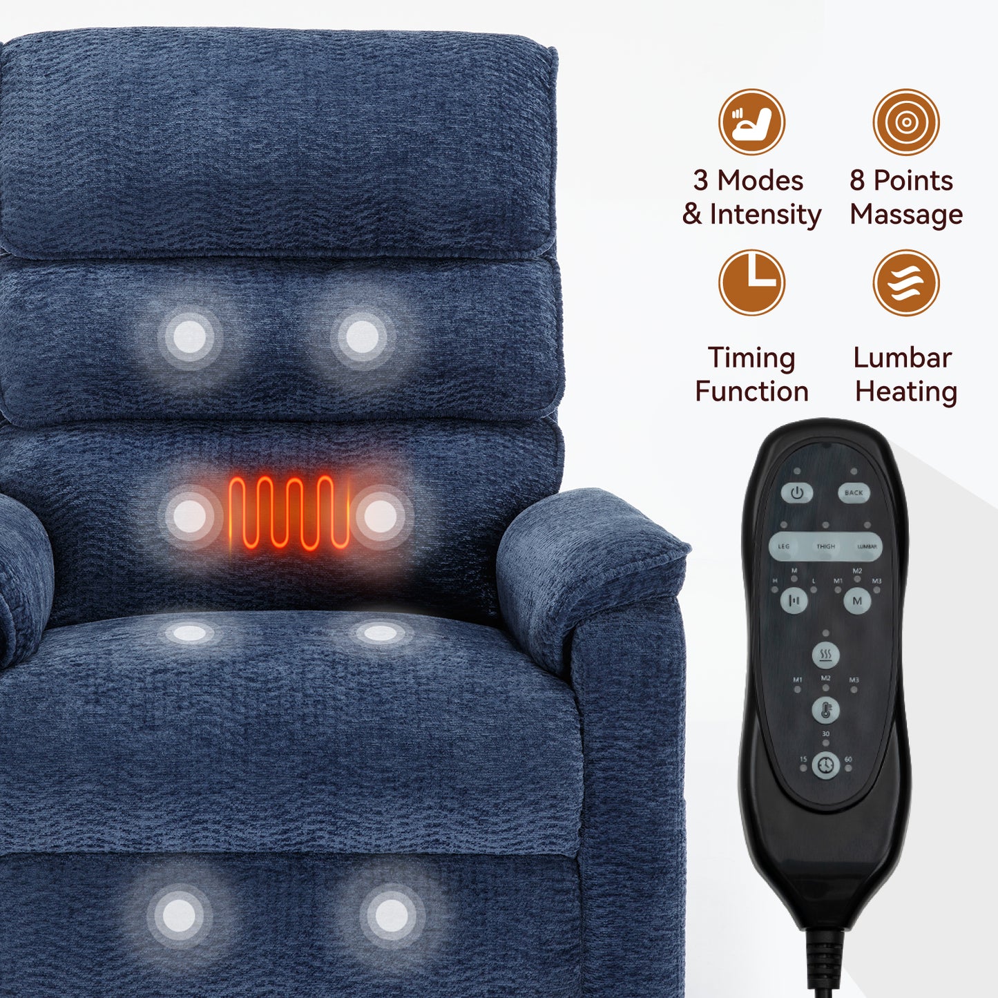 Navy blue recliner with integrated massage nodes and lumbar heating feature