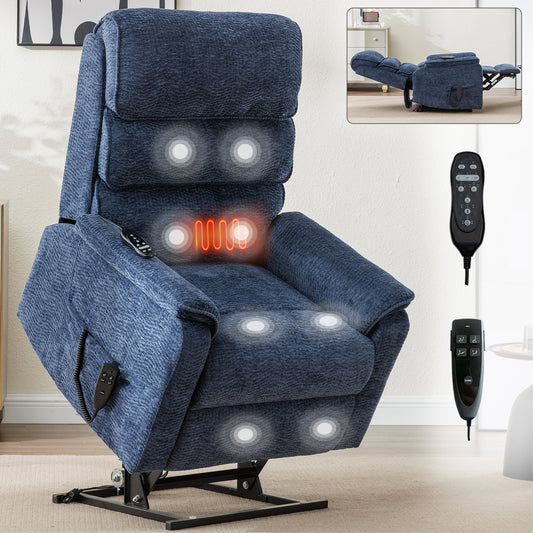 Navy blue fabric lift chair with massage and heat features includes two remotes