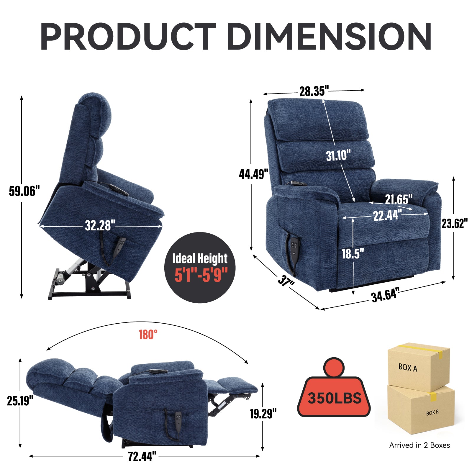 Blue fabric lift chair with power recline dimensions shown for ergonomic comfort