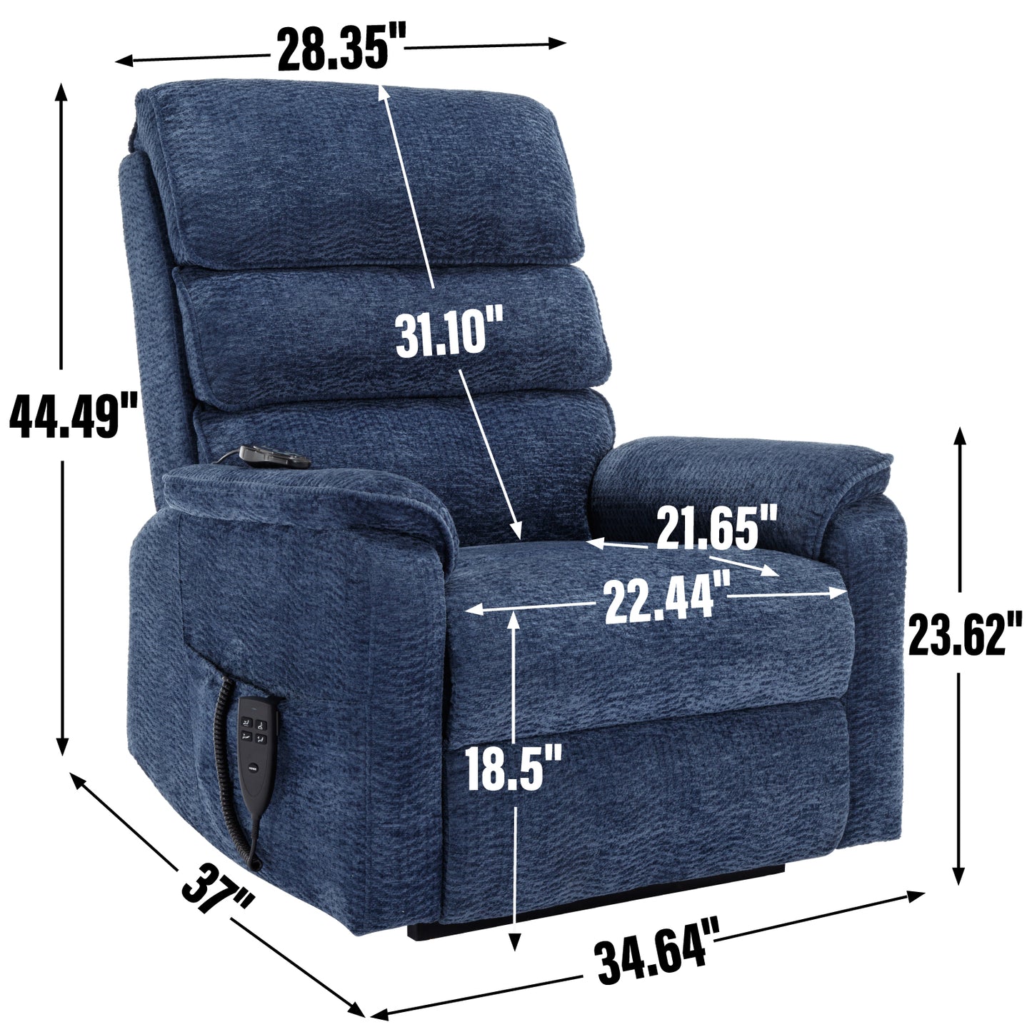 Blue fabric power recliner chair with detailed dimensions for size