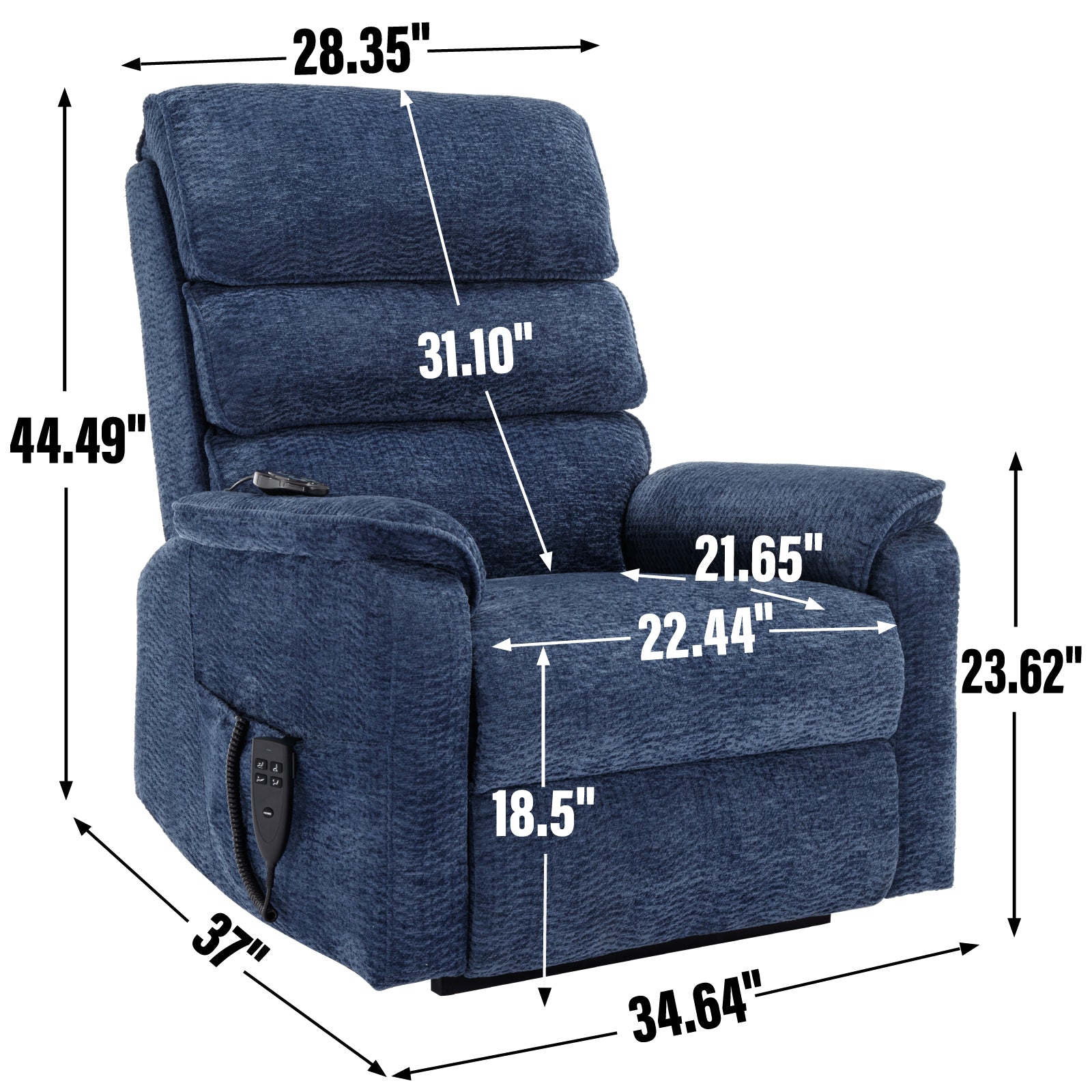 Blue fabric power recliner chair with detailed dimensions for size