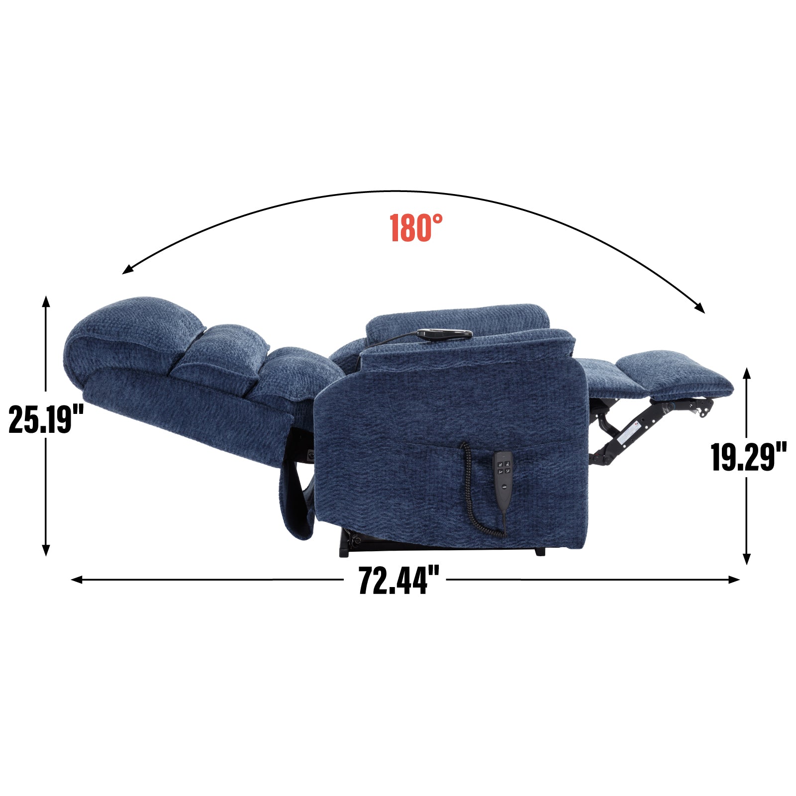 Navy blue fabric lift chair with reclined footrest and controls  W