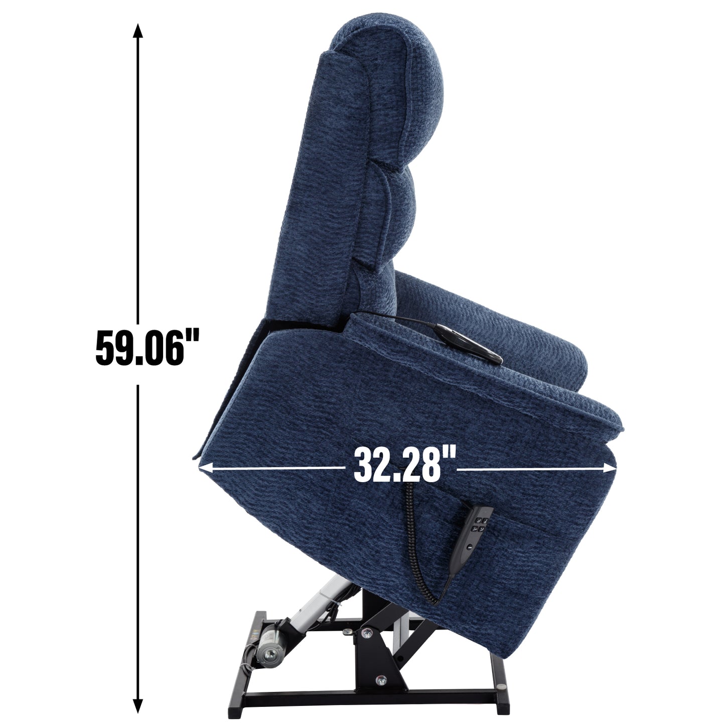 Navy blue upholstered lift chair with remote control  height