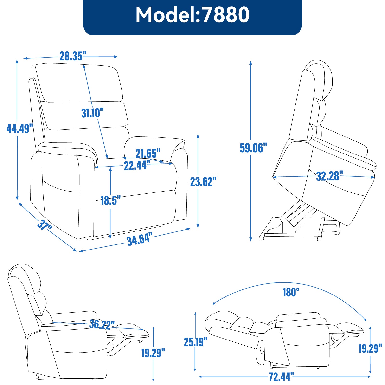 Recliner chair with dimensions  W x  H  D