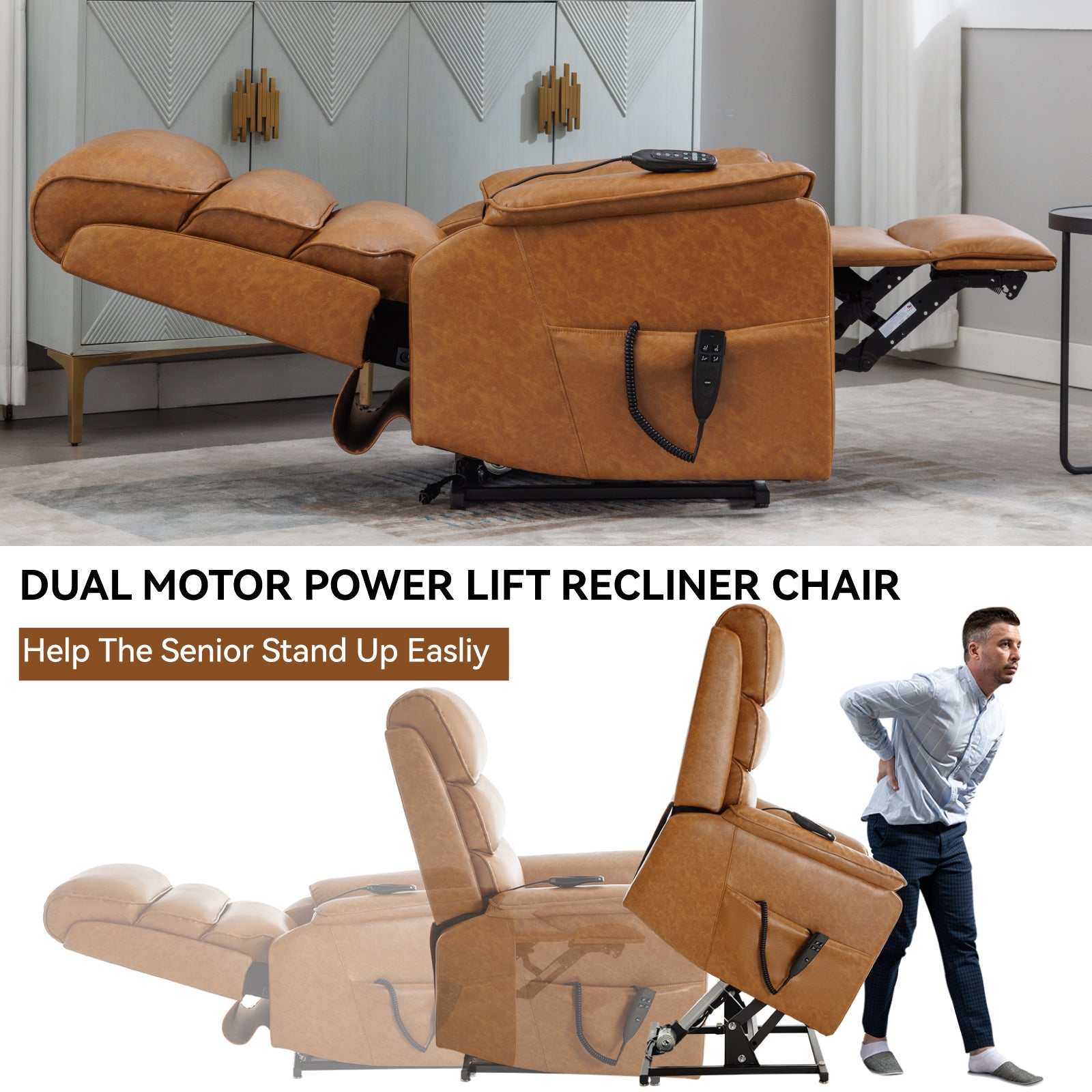 Brown faux leather dual motor power lift recliner chair with remote controls