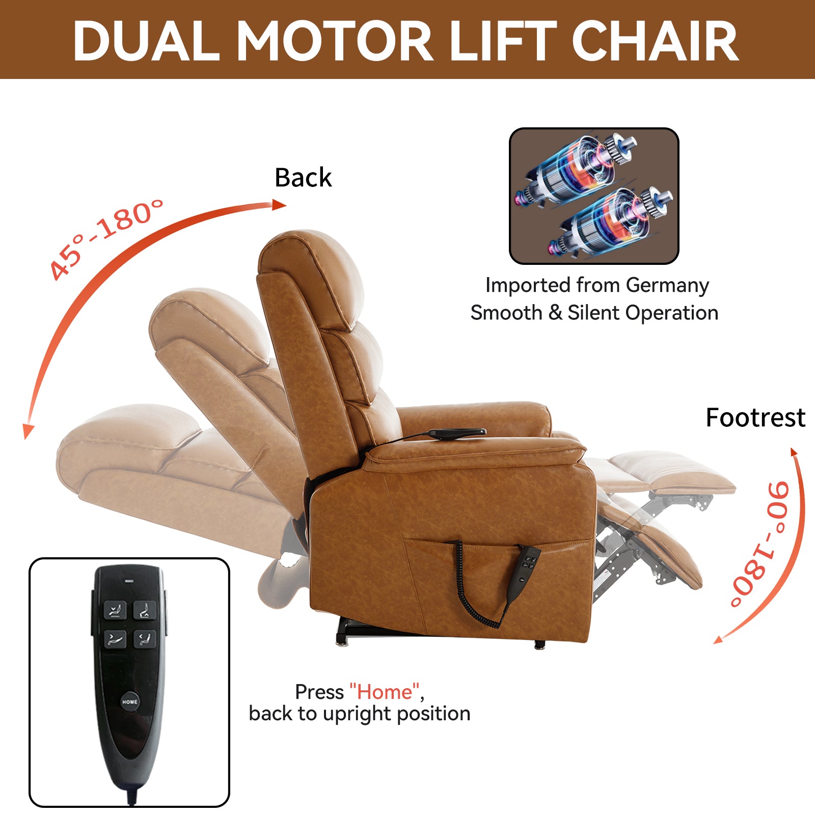 Brown leather dual motor lift chair shown in reclined positions with remote control and motor detail
