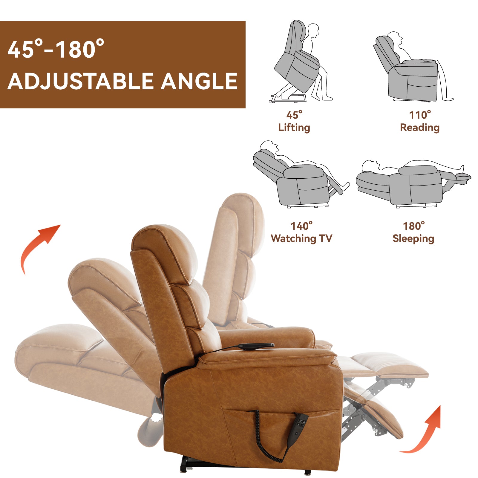 Brown leather recliner chair with adjustable positions for lifting reading watching TV and sleeping