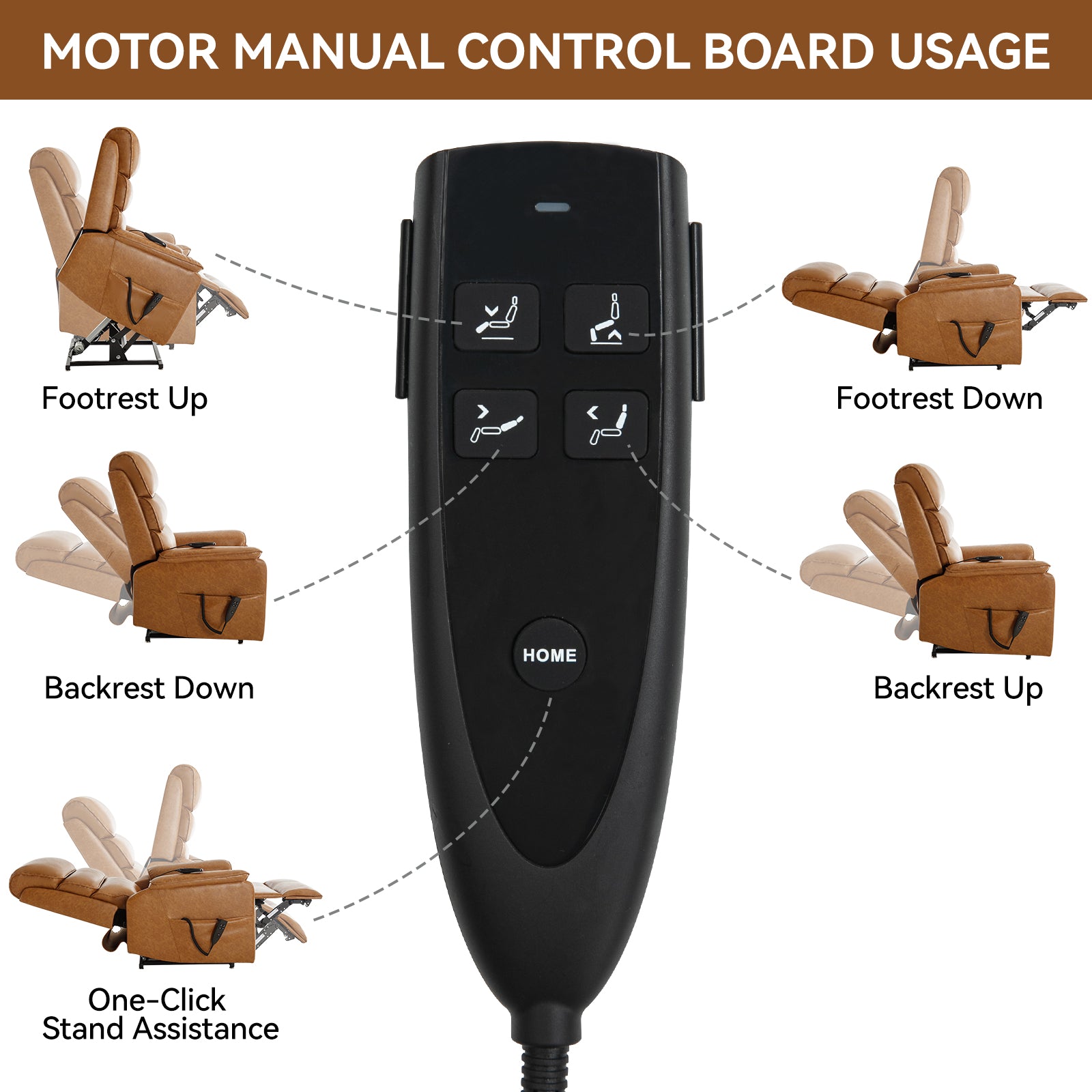 Black recliner control handset with icons for footrest backrest and stand assistance