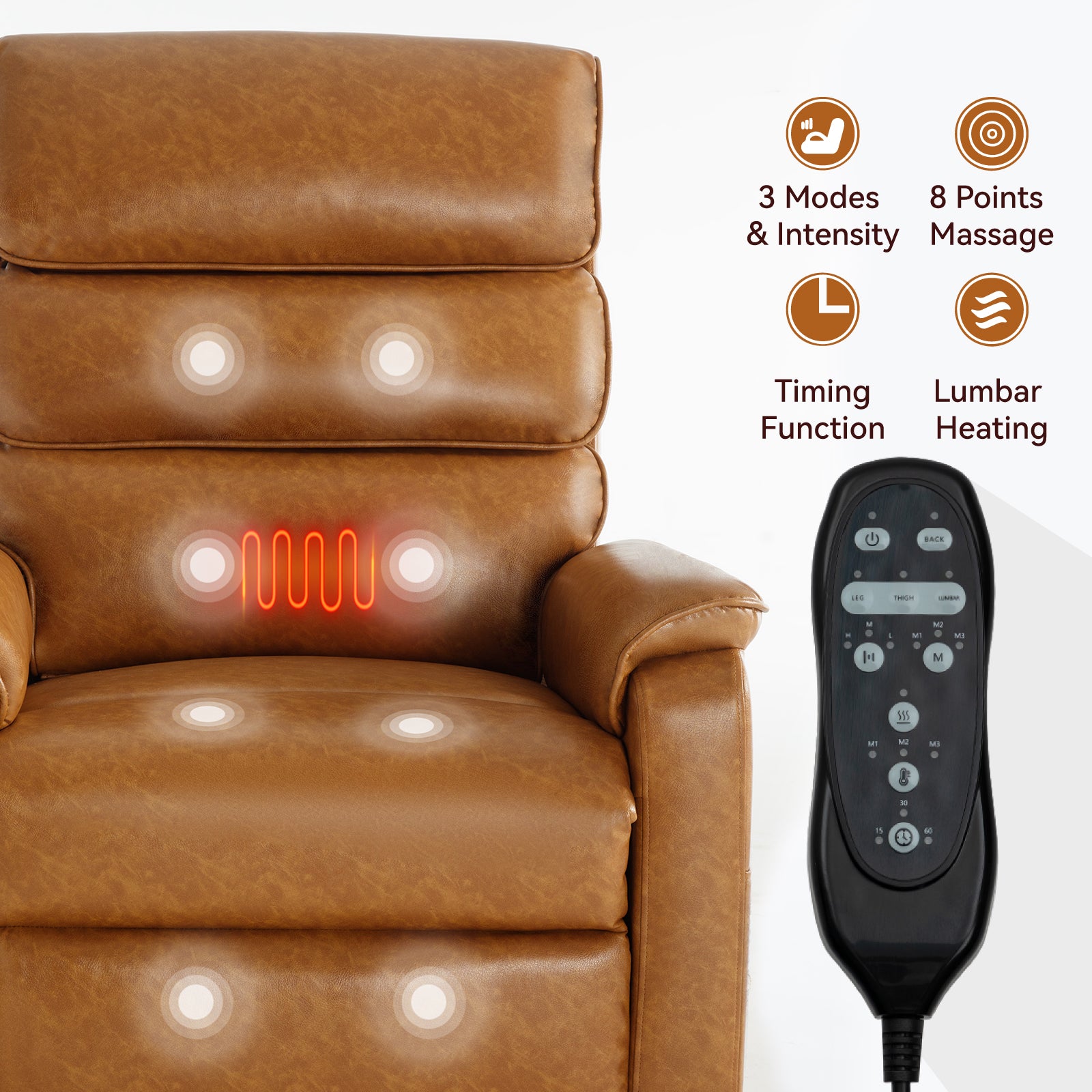 Brown faux leather massage recliner with lumbar heating and remote control