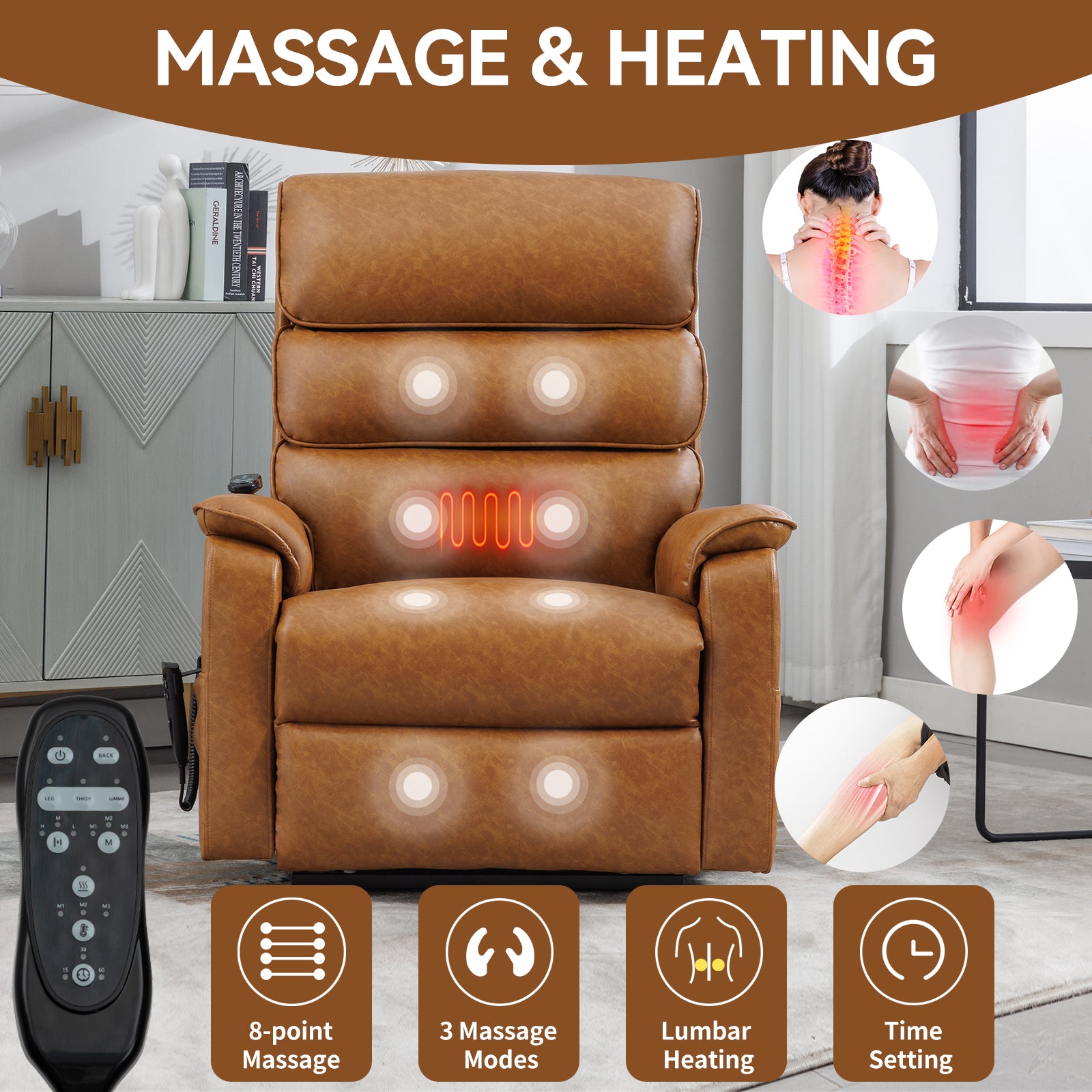 Brown leather recliner with point massage and heating functions for ultimate relaxation