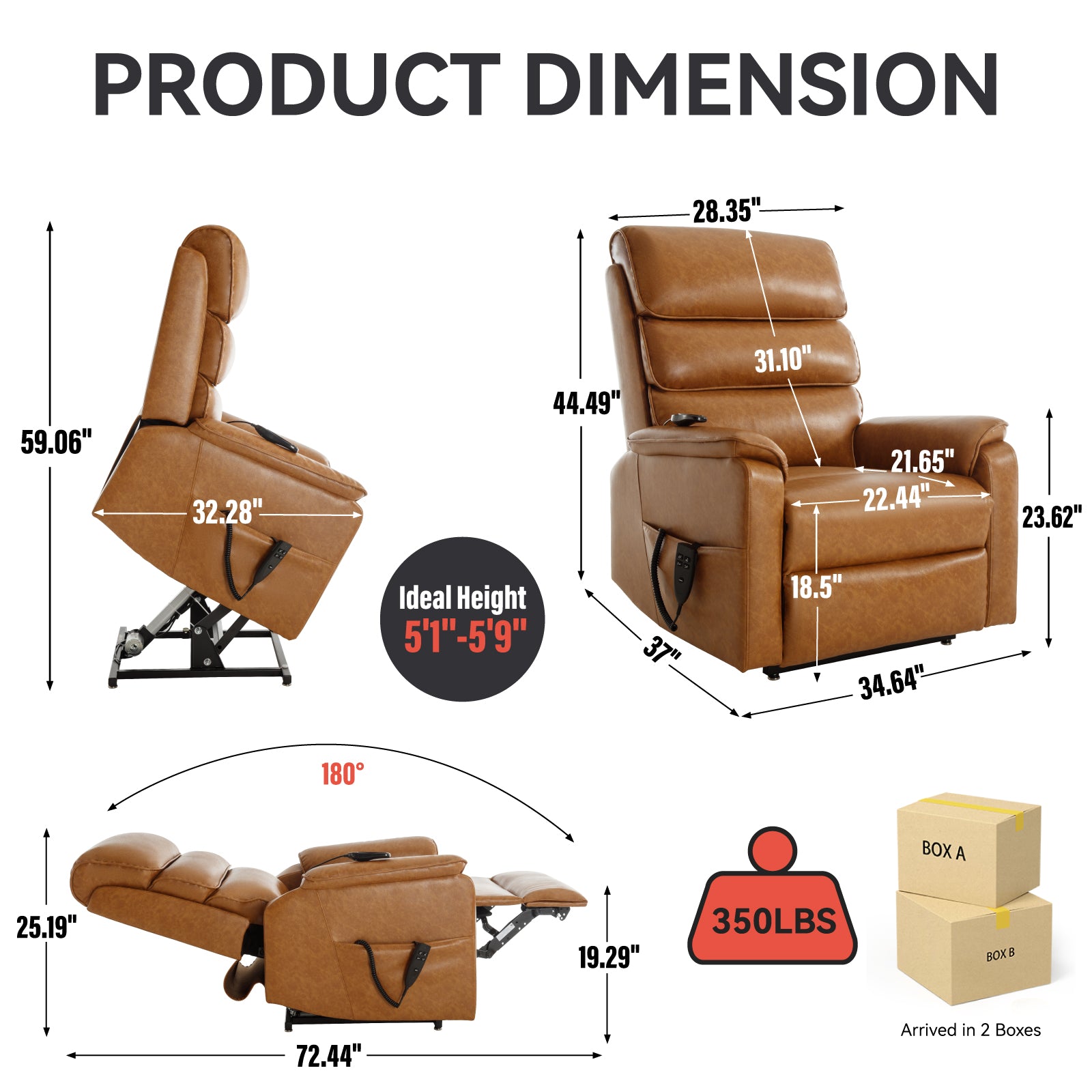 Brown leather power lift recliner chair with detailed dimensions and ideal height