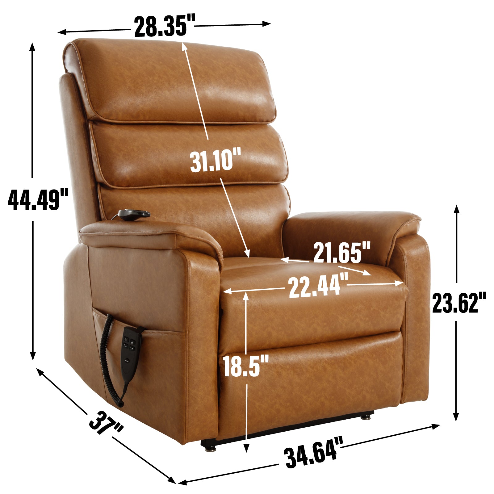 Tan leather power lift recliner with adjustable features and side pocket