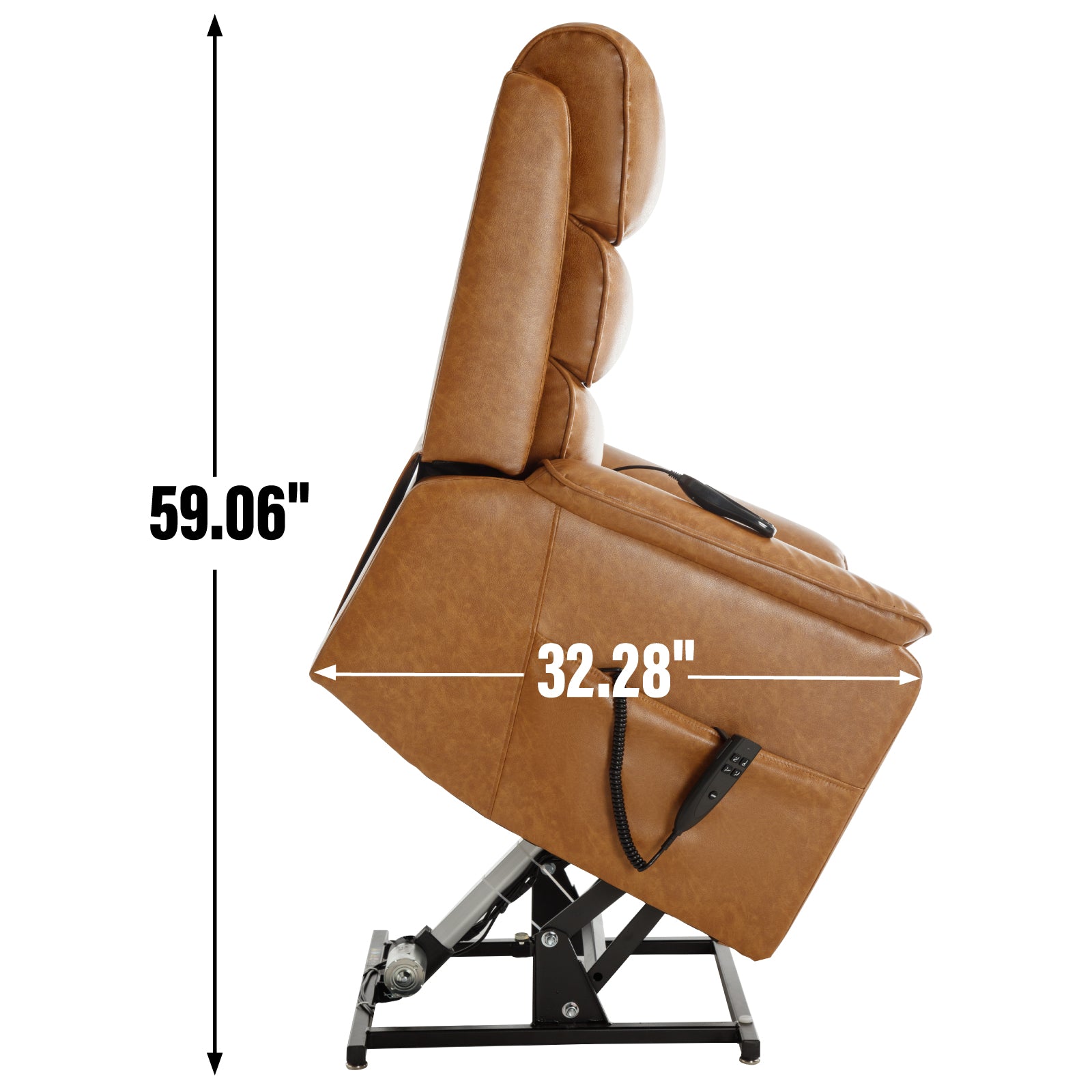 Brown leather lift chair with plush cushioning and side controls ideal for seniors