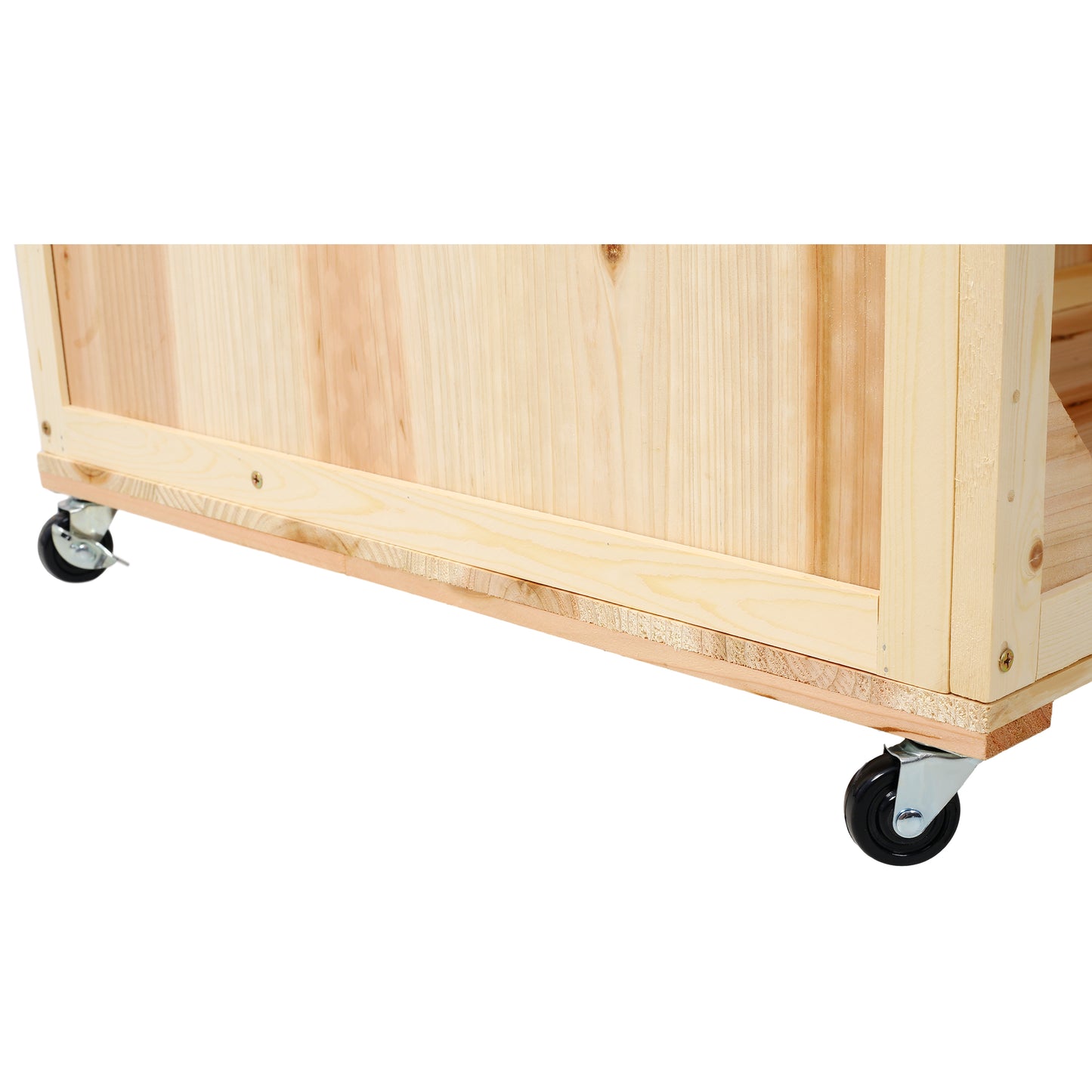 Natural pine wood storage bin with rolling casters for easy mobility