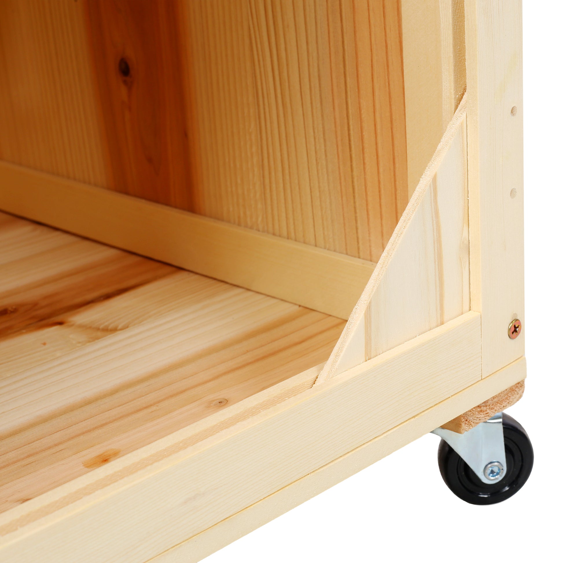 Unfinished pine wood storage crate with black caster wheels ideal for organizing toys