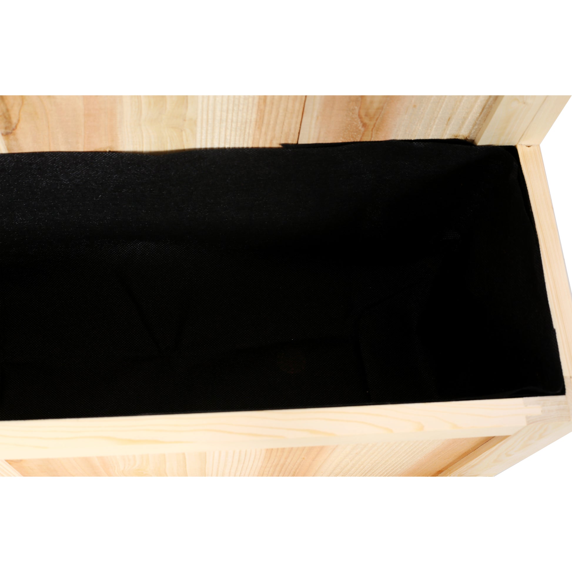 Natural wood planter box with black liner perfect for outdoor gardening