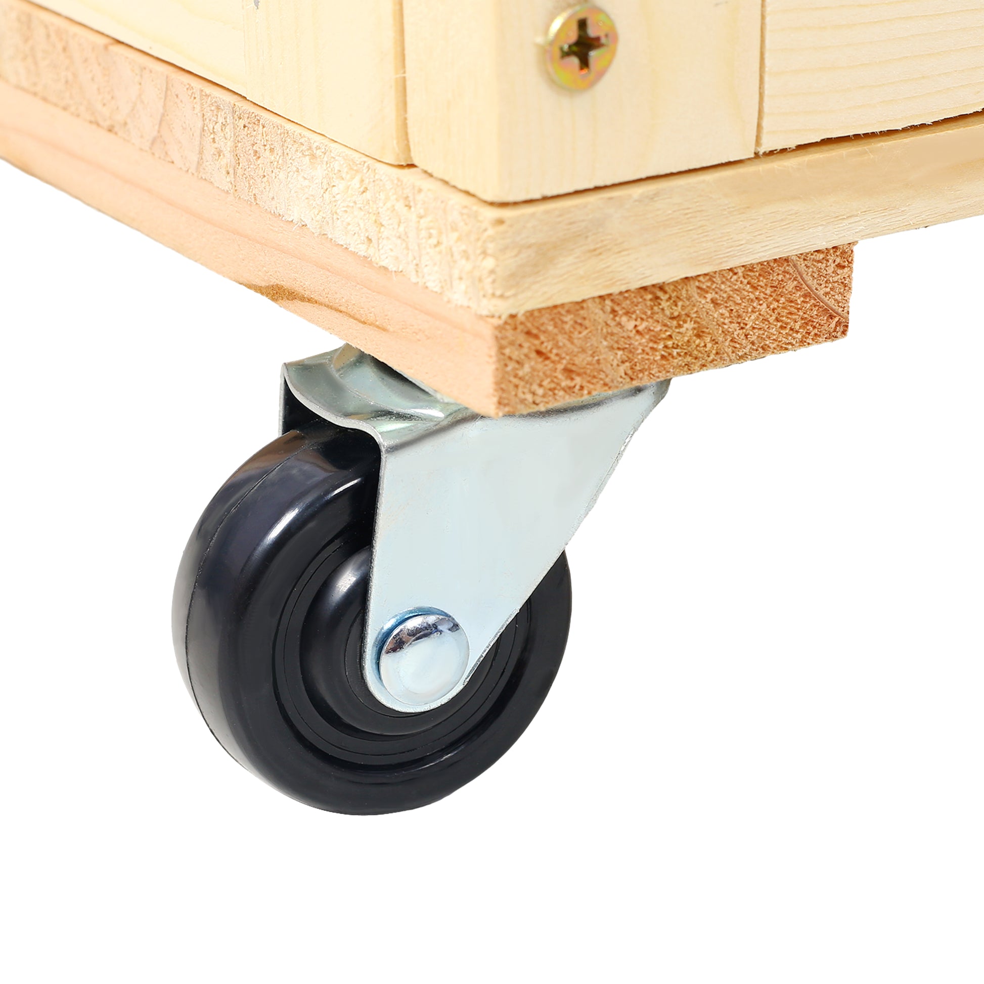 Closeup of a black rubber caster wheel attached to a wooden crate for mobility