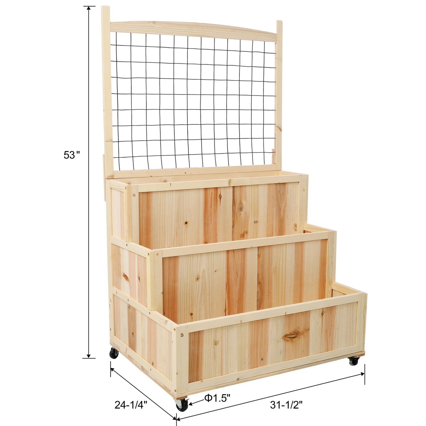 Tiered wooden planter with trellis for climbing plants natural pine wood