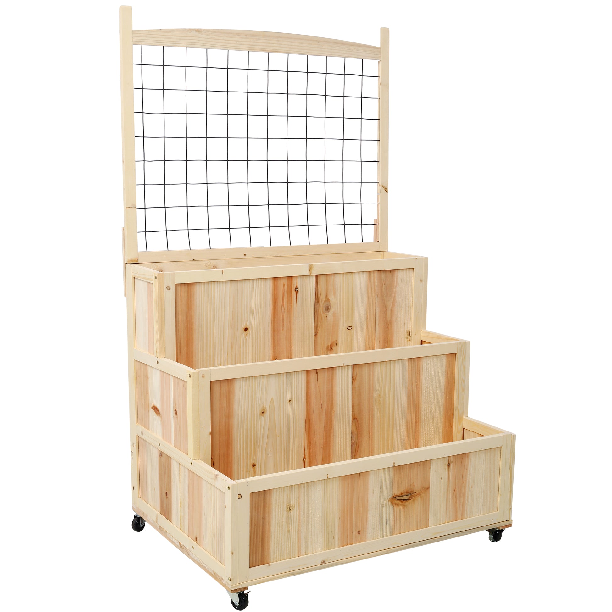 Natural wood tiered planter with trellis perfect for climbing plants outdoors