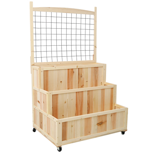 Natural wood tiered planter with trellis perfect for climbing plants outdoors
