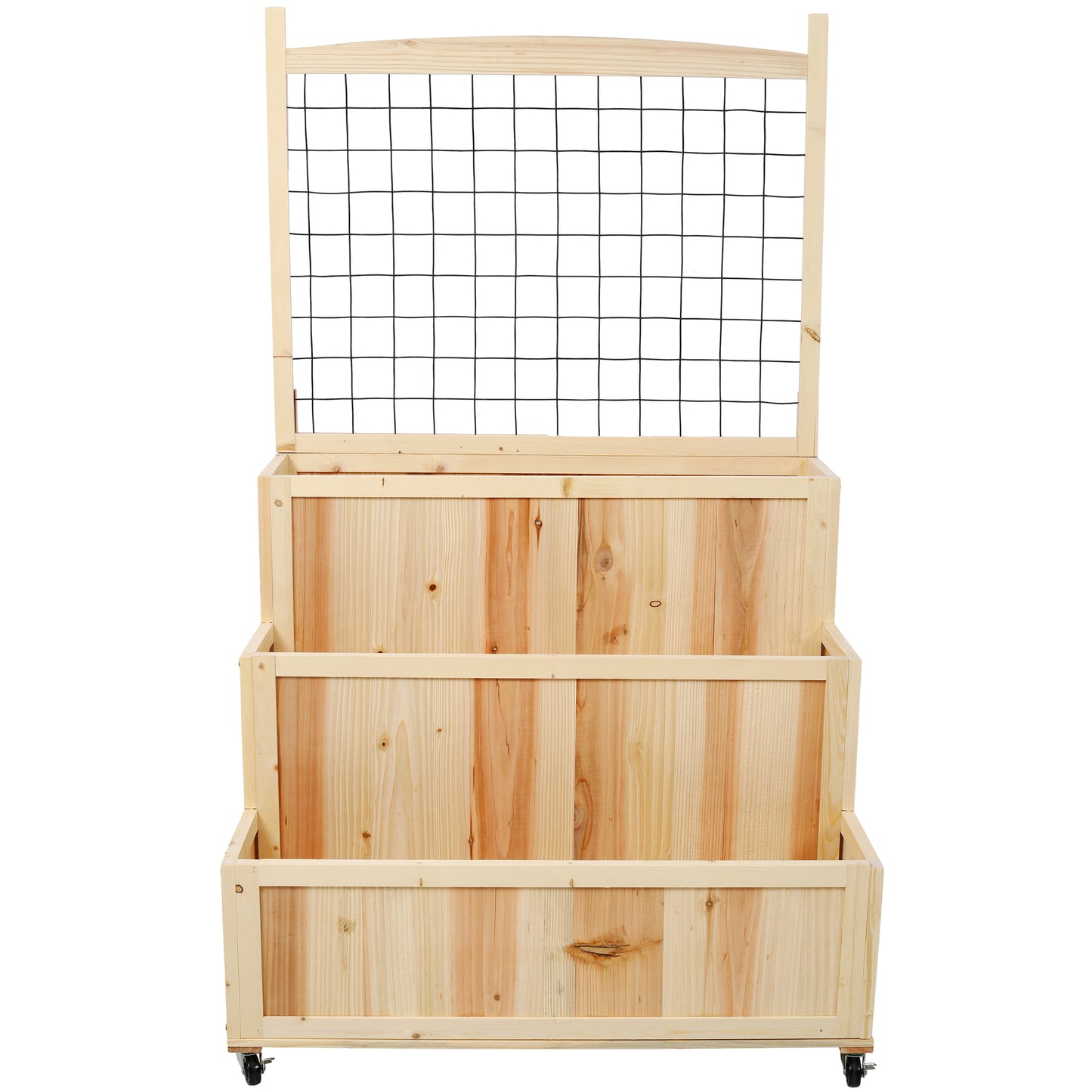 Natural wood tiered planter with trellis for climbing plants and wheels
