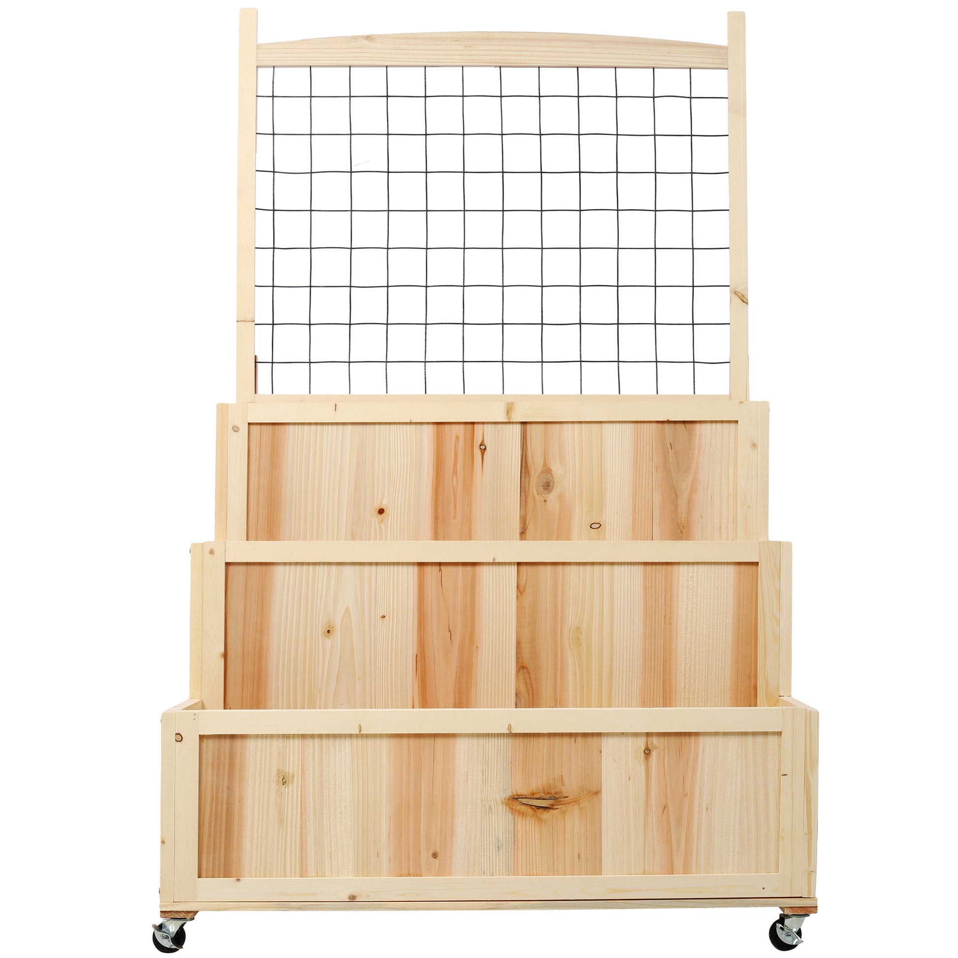 Wooden tiered planter with trellis for vertical gardening natural finish