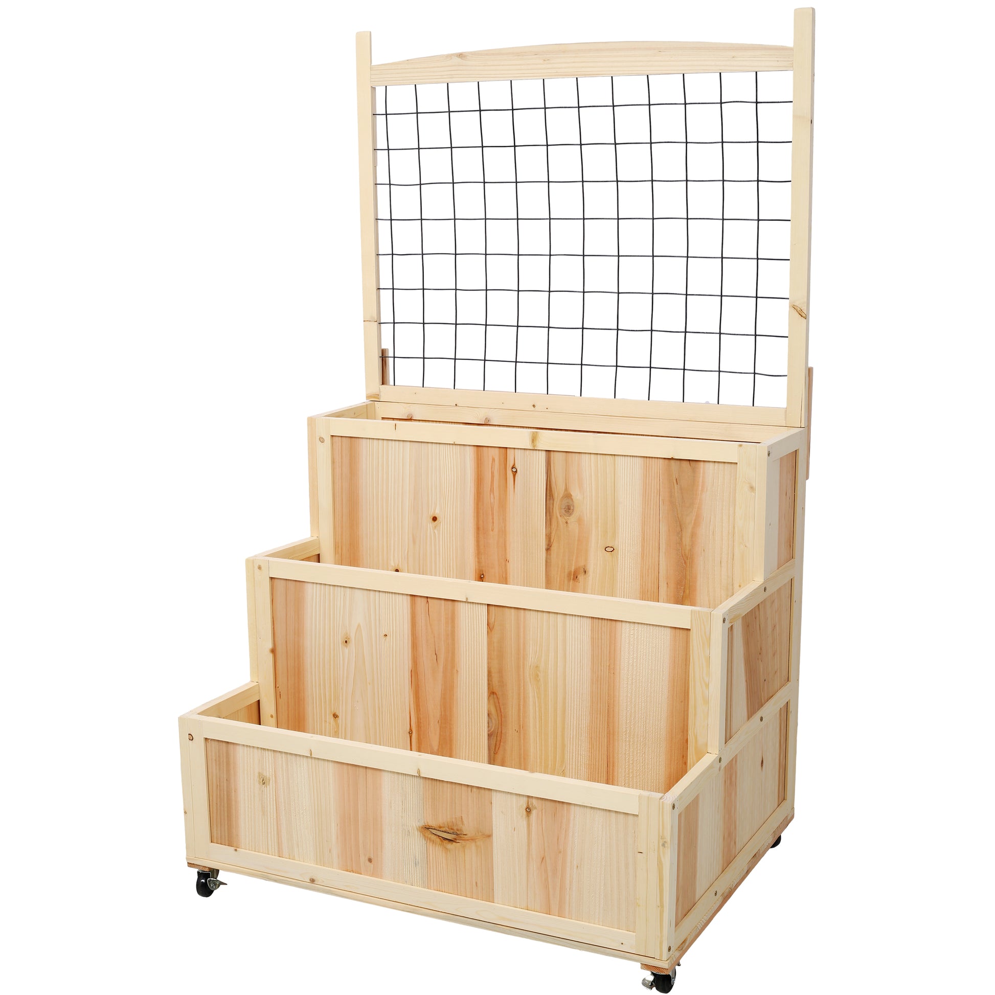 Natural wood tiered planter with trellis for climbing plants tier raised garden bed