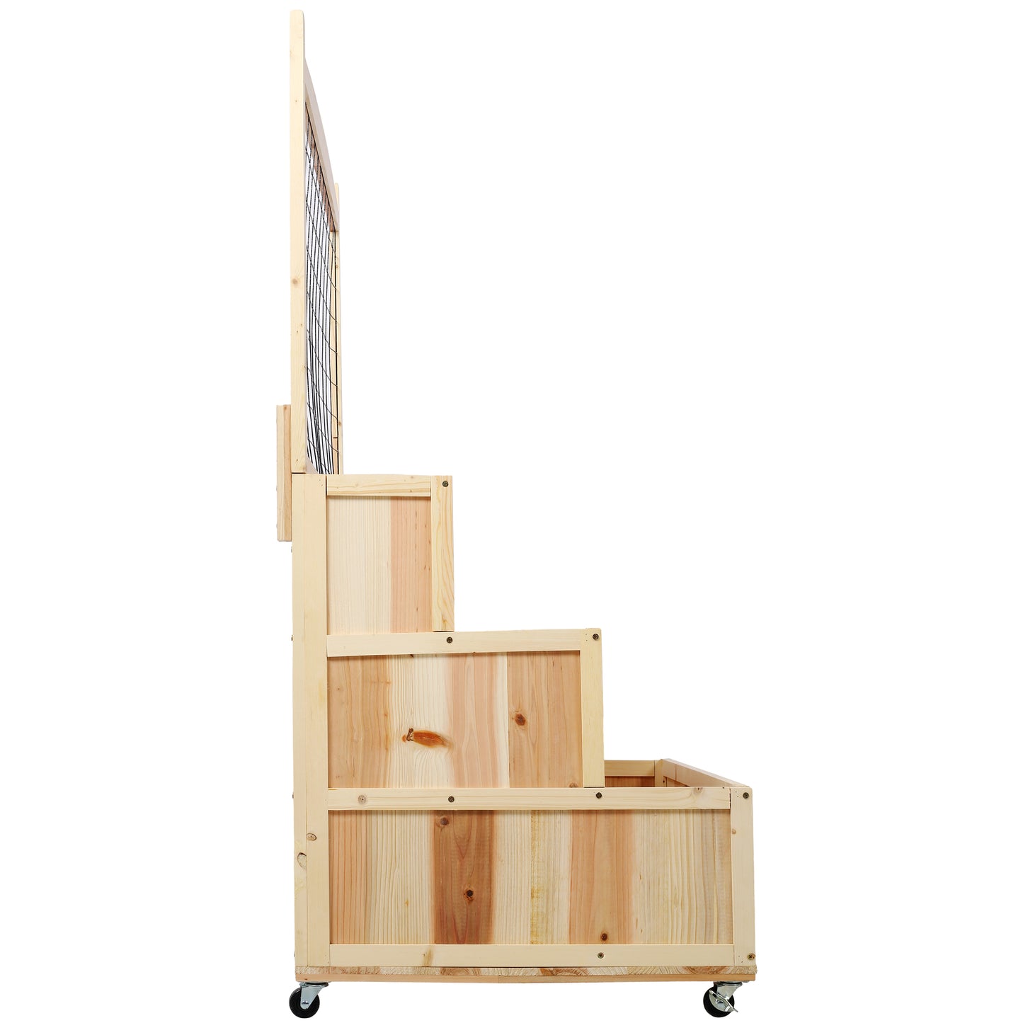 Natural wood tiered plant stand with trellised back and casters