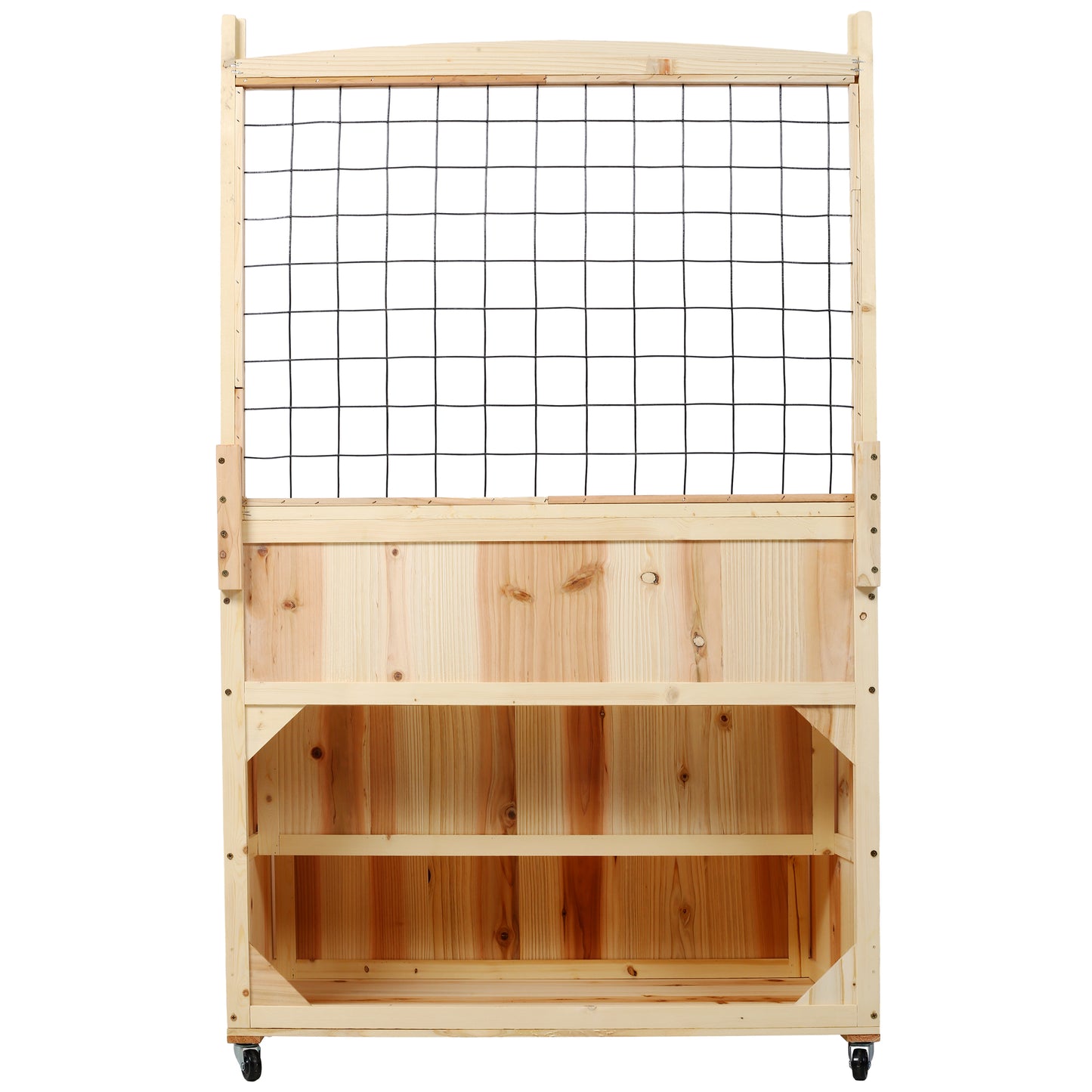 Natural wood plant stand with two shelves and a trellis for climbing plants