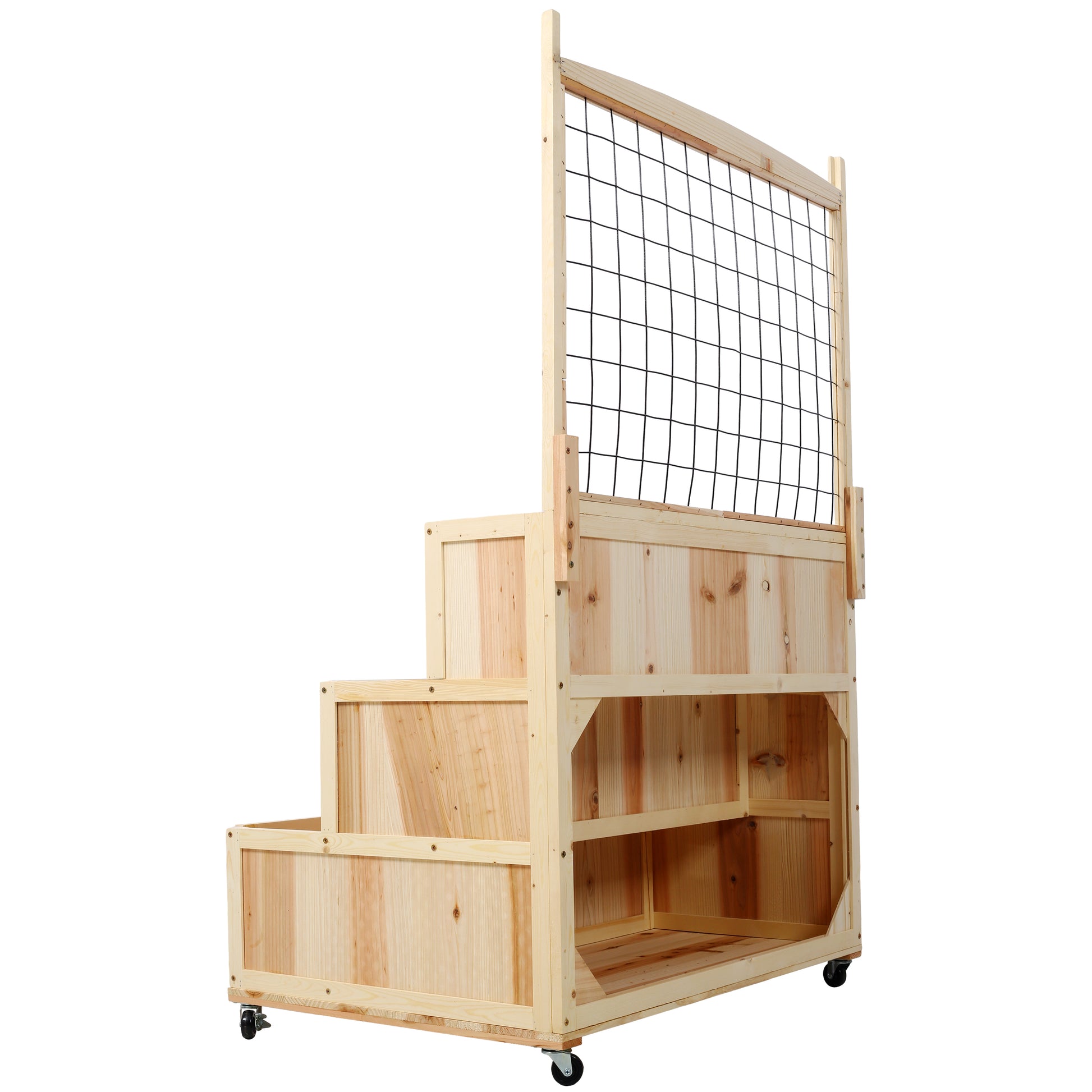 Wooden tiered plant stand with wheeled base for easy mobility
